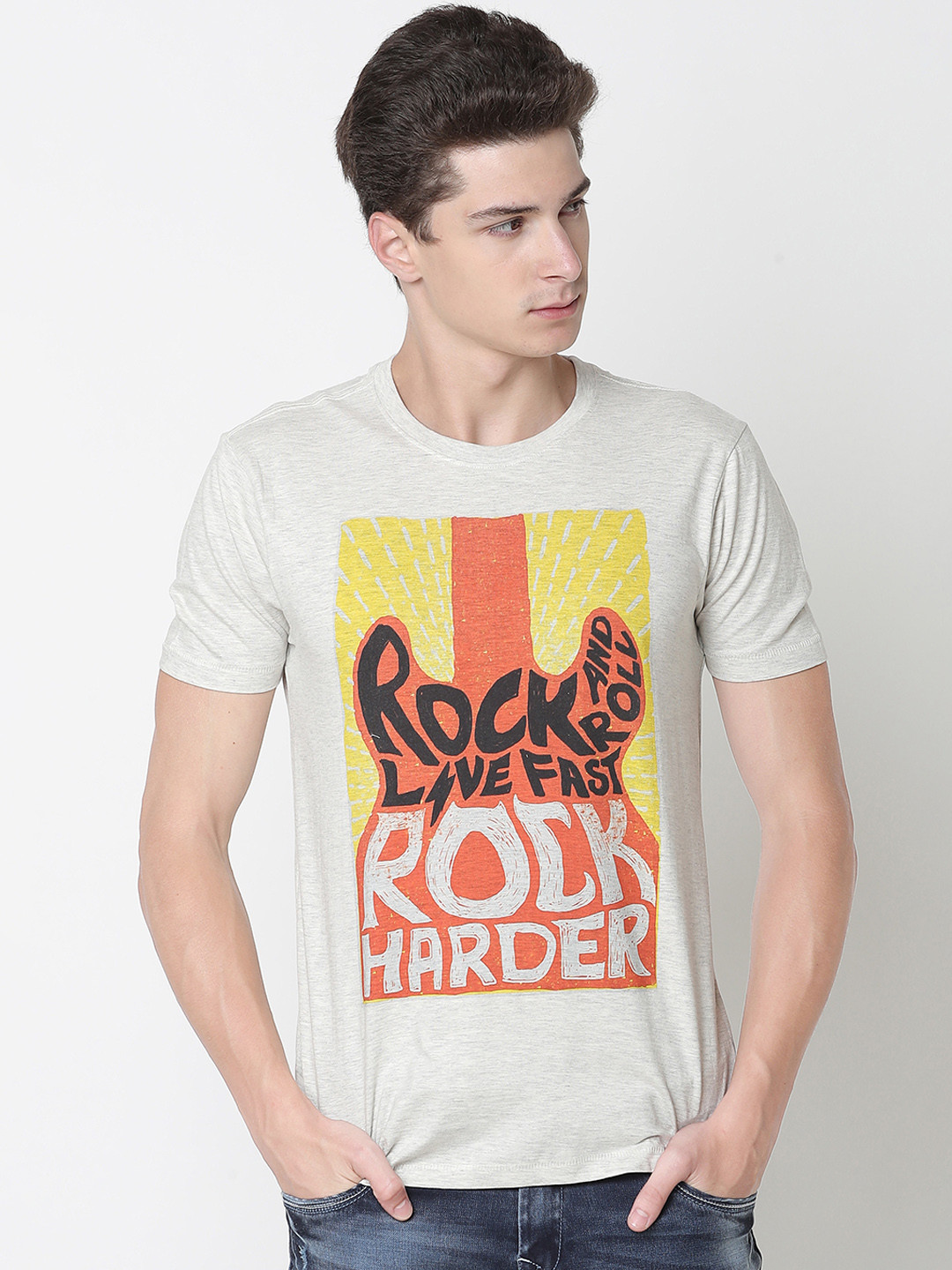 

Newport Men Grey Printed Round Neck T-shirt