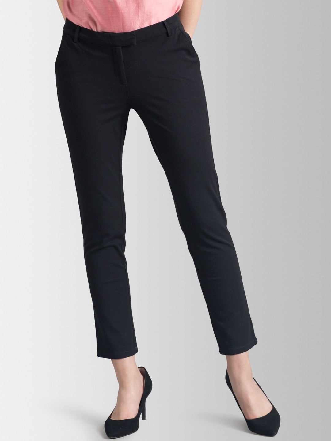 

FableStreet Women Black Slim Fit Solid Cigarette Trousers