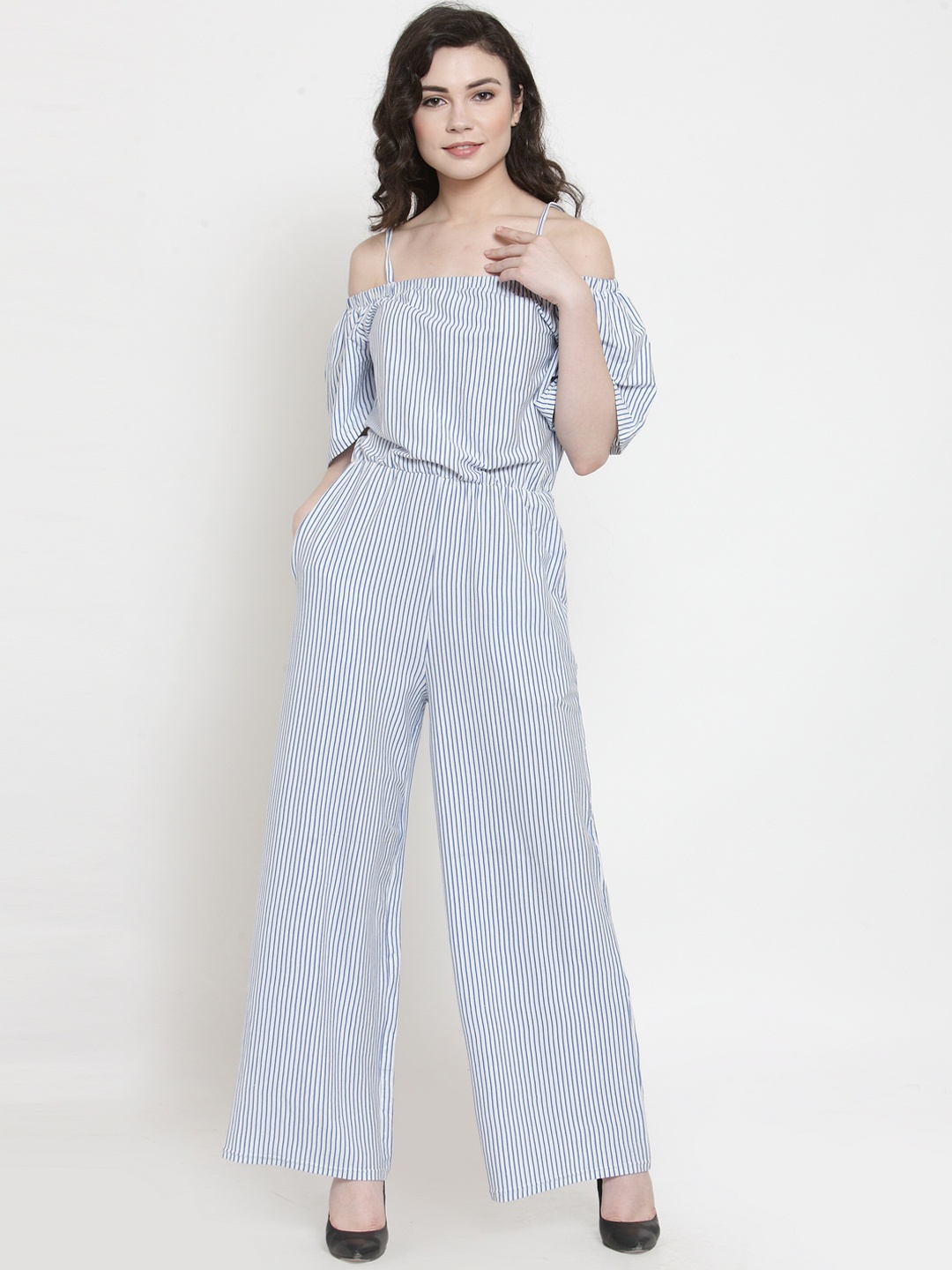 

Purple State Women White & Blue Striped Basic Jumpsuit