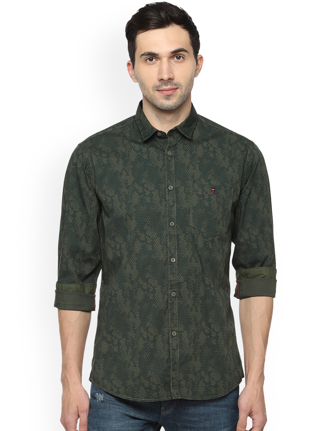 

Louis Philippe Jeans Men Olive Green Tight Slim Fit Printed Casual Shirt