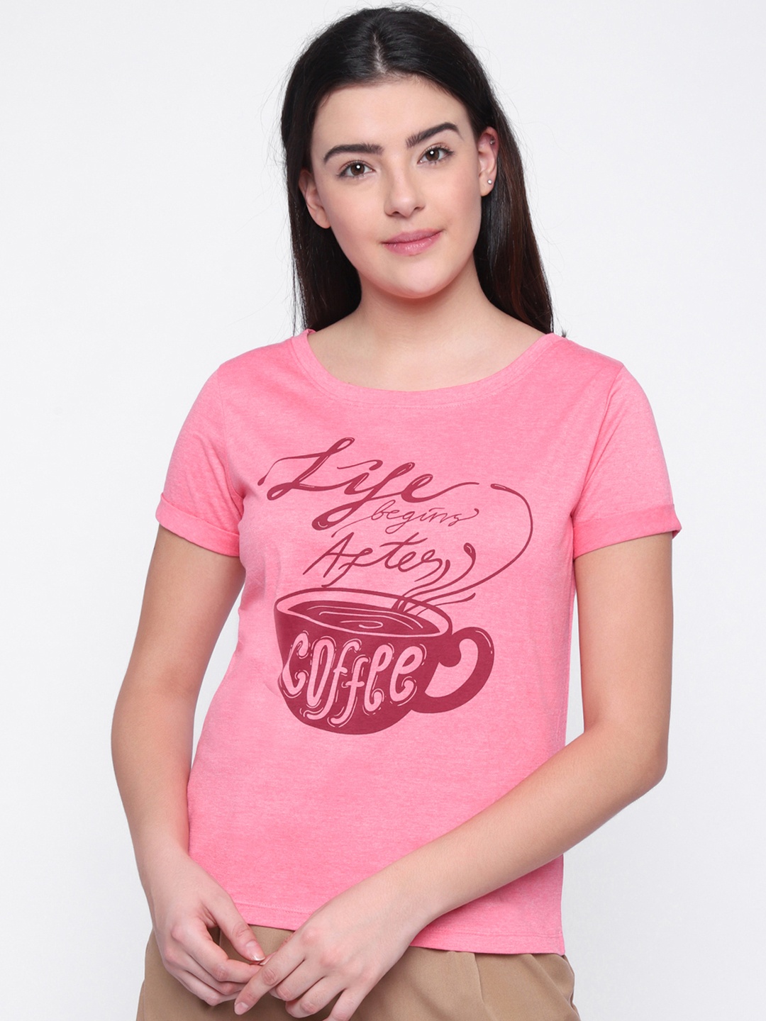 

Newport Women Peach-Coloured Printed Round Neck T-shirt