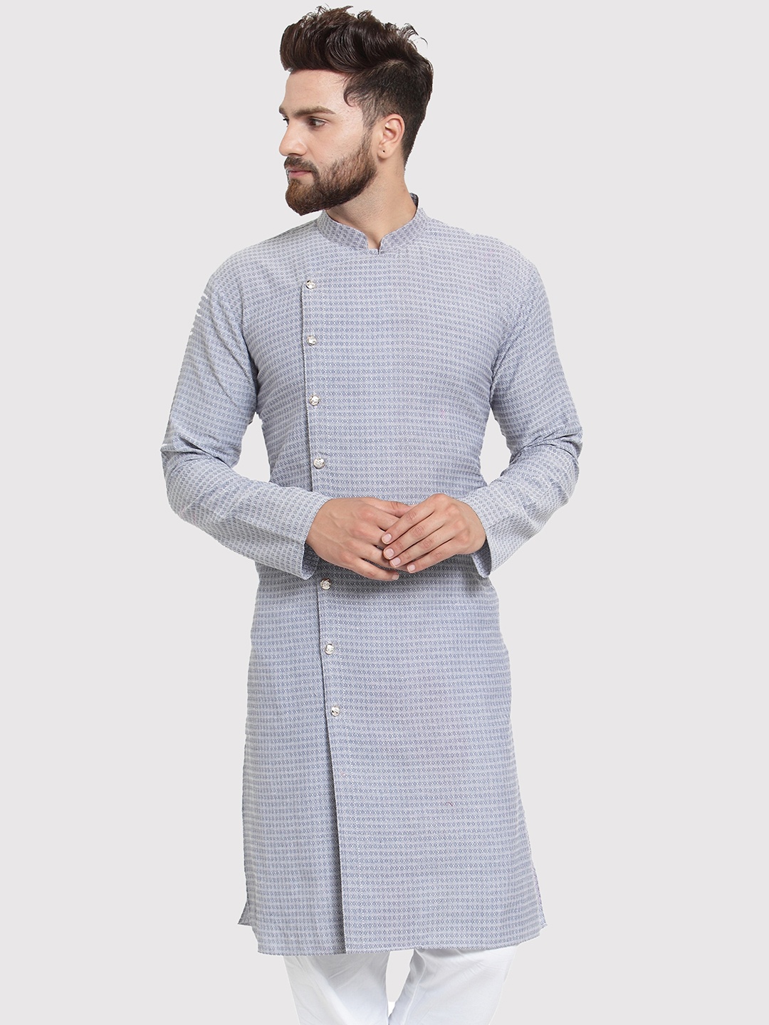 

Jompers Men White & Blue Woven Design Straight Kurta