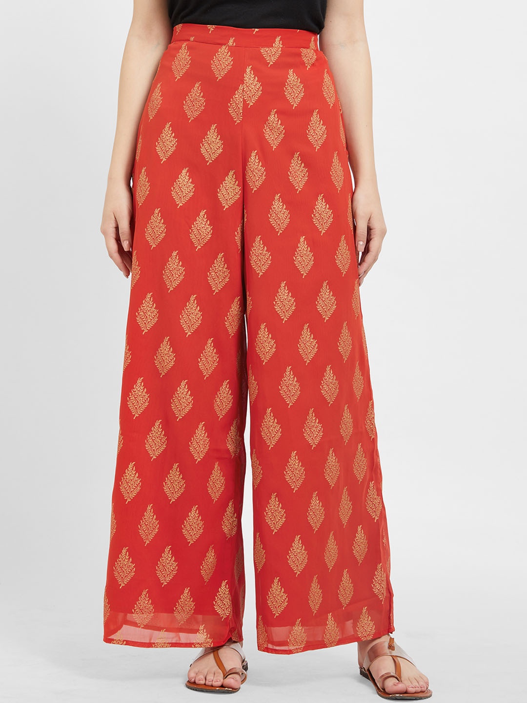 

Fusion Beats Women Red & Gold-Coloured Printed Straight Palazzos