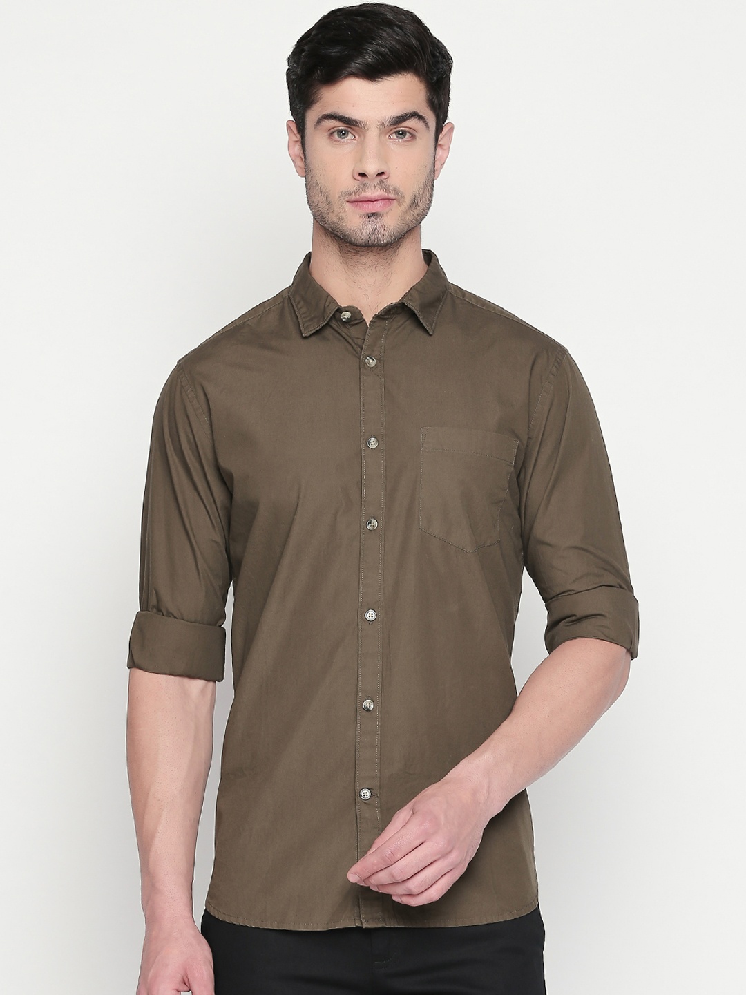 

BYFORD by Pantaloons Men Olive Green Regular Fit Solid Casual Shirt