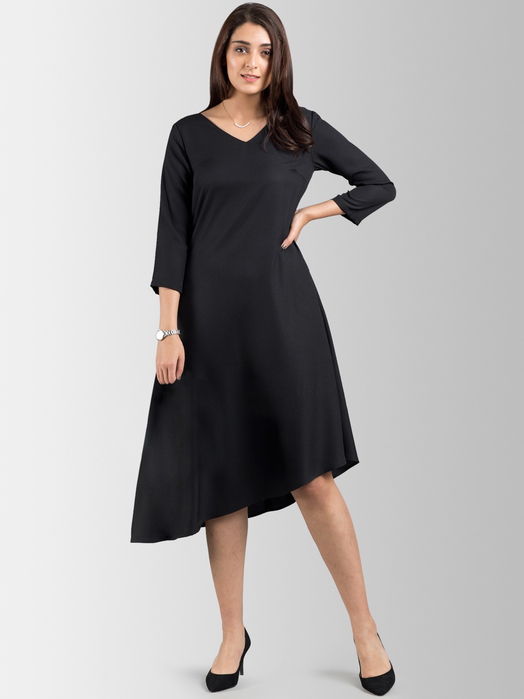 

FableStreet Women Black Solid Fit and Flare Dress