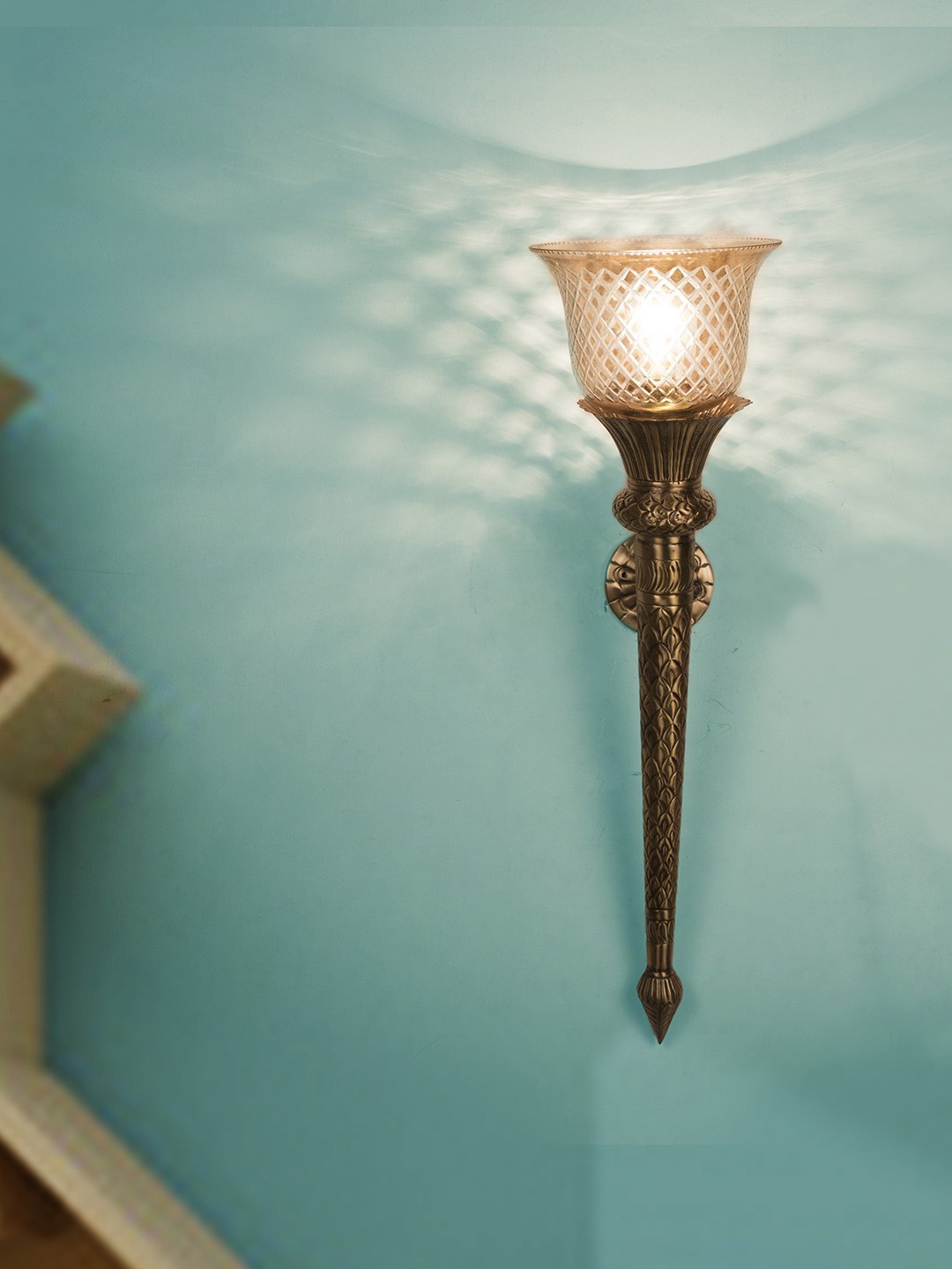 

Fos Lighting Gold-Toned Hand Carved Conical Mashal Torchiere Wallchiere with Shade