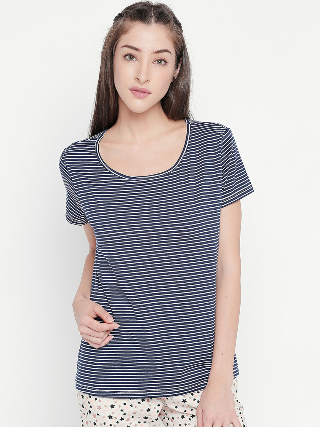 

Dreamz by Pantaloons Women Navy Blue Striped Round Neck Lounge T-shirt