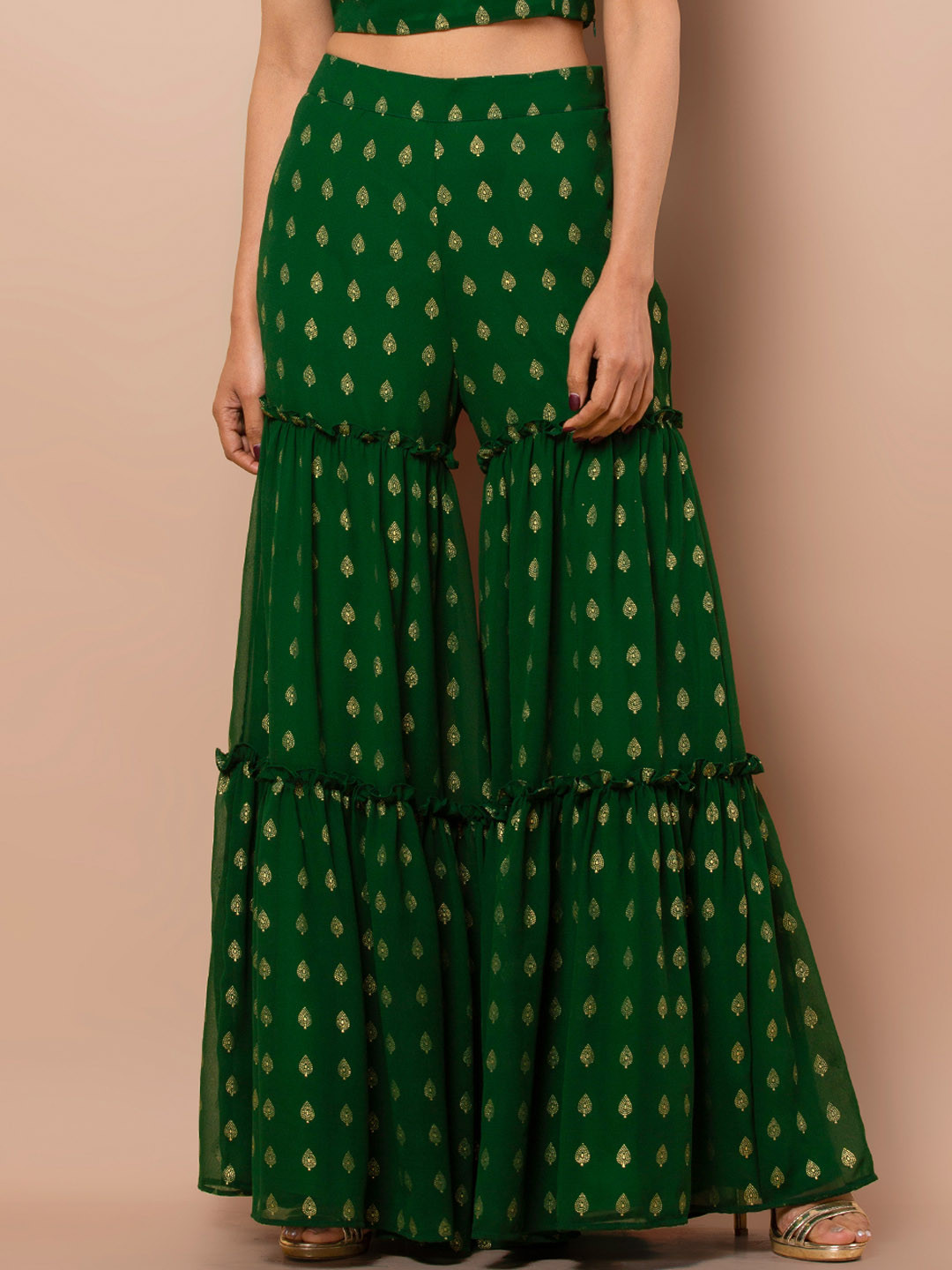 

INDYA Women Green Embellished Flared Palazzos