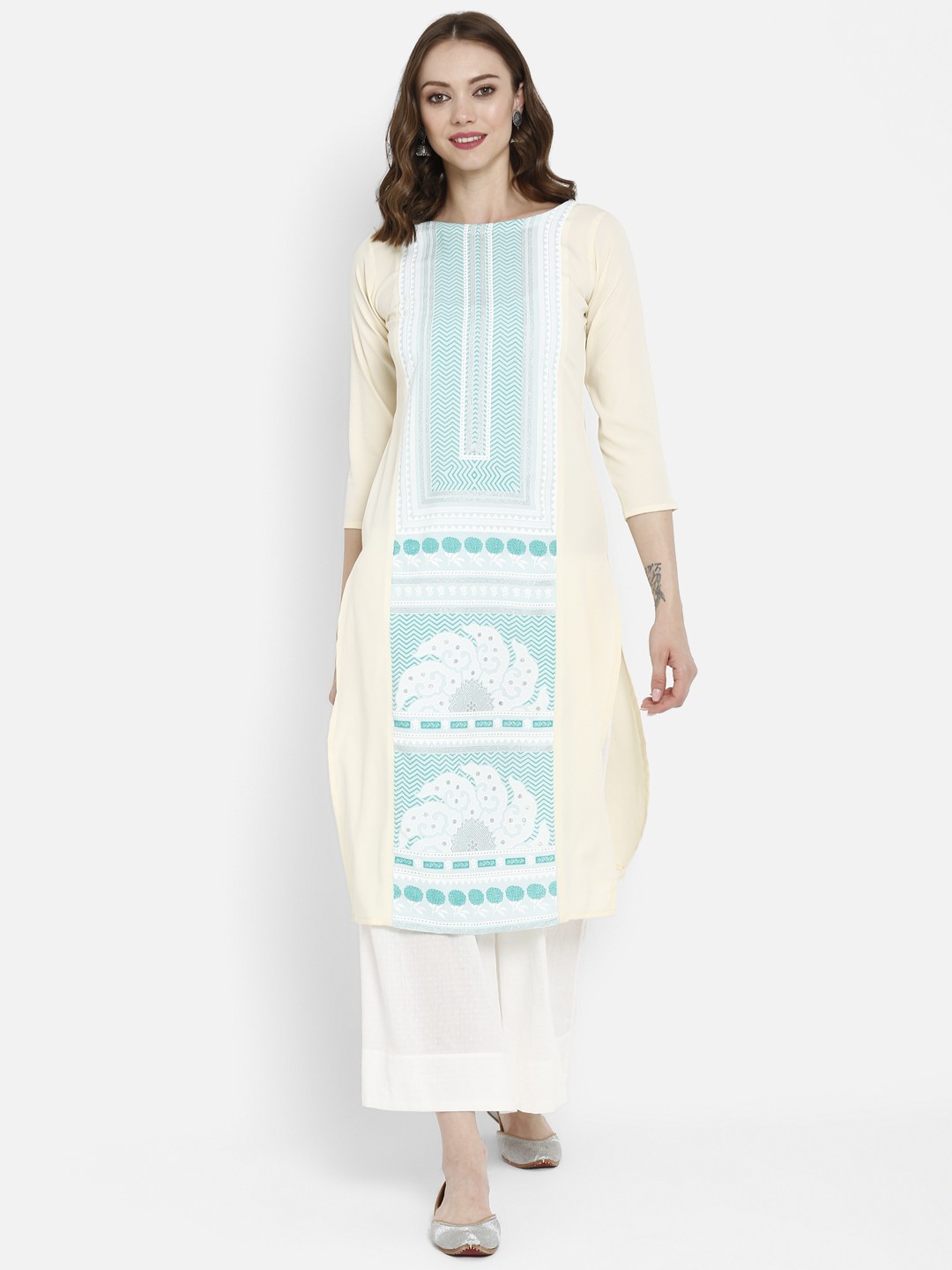 

Ahalyaa Women Cream-Coloured Printed Straight Kurta