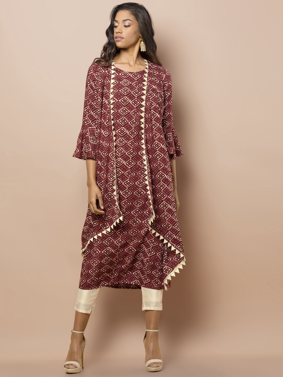

INDYA Women Maroon Layered Kurta with Triangular Lace