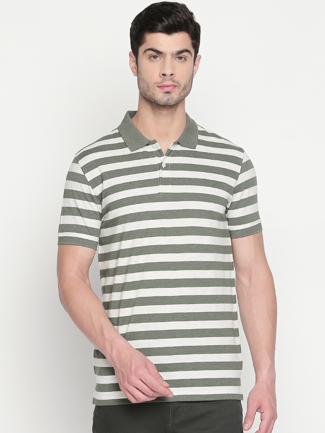 

BYFORD by Pantaloons Men Beige Striped Polo Collar T-shirt