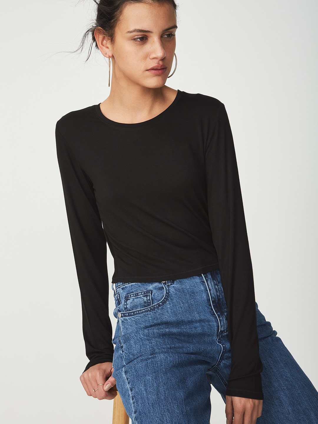 

COTTON ON Women Black Solid Round Neck Crop T-shirt