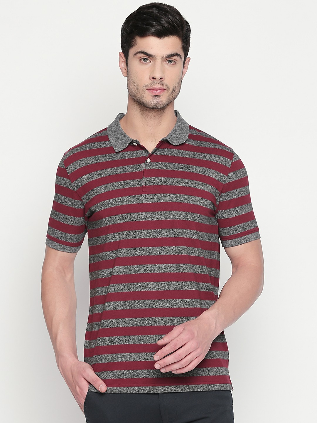 BYFORD by Pantaloons Men Maroon & Grey Striped Polo Collar T-shirt