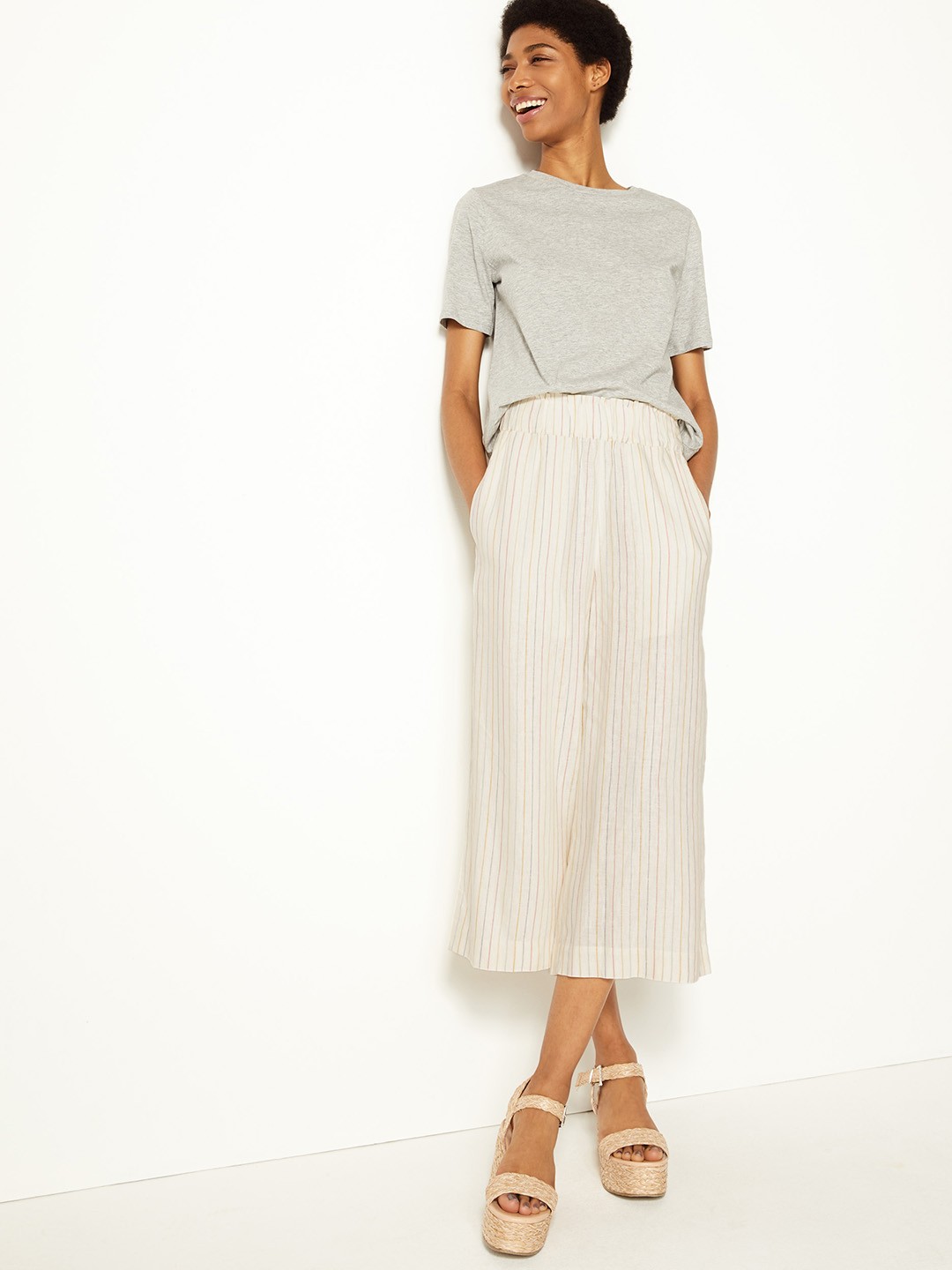 

Marks & Spencer Women Beige Flared Striped Parallel Trousers