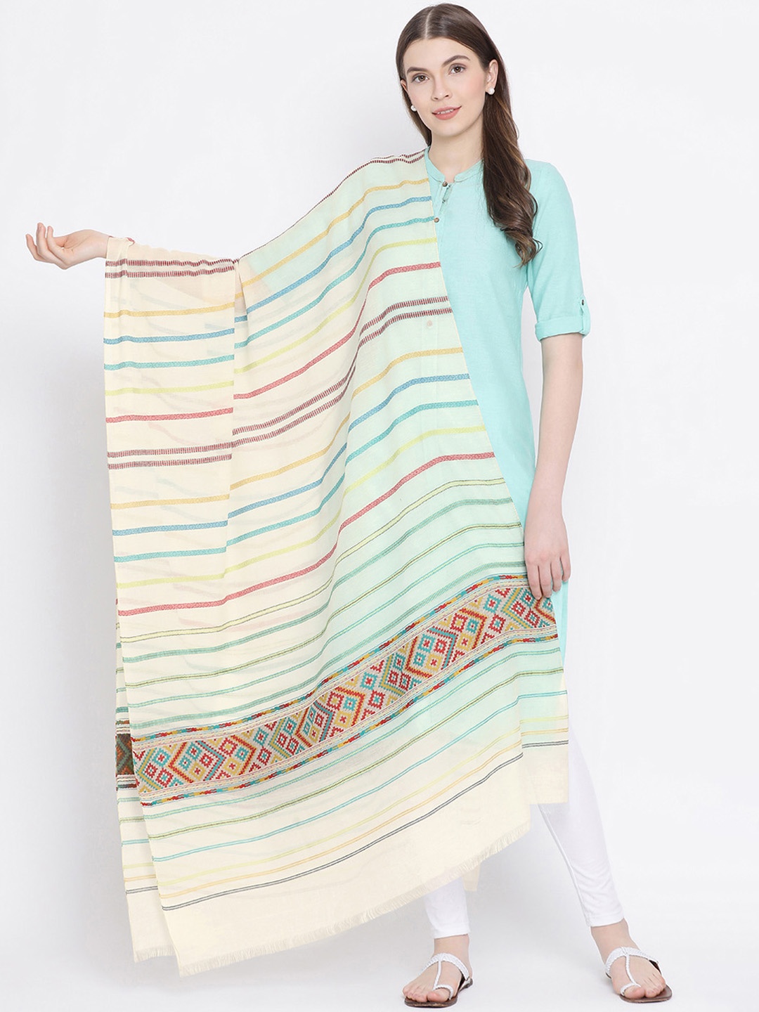 

SHINGORA Off-White Striped Antimicrobial Dupatta