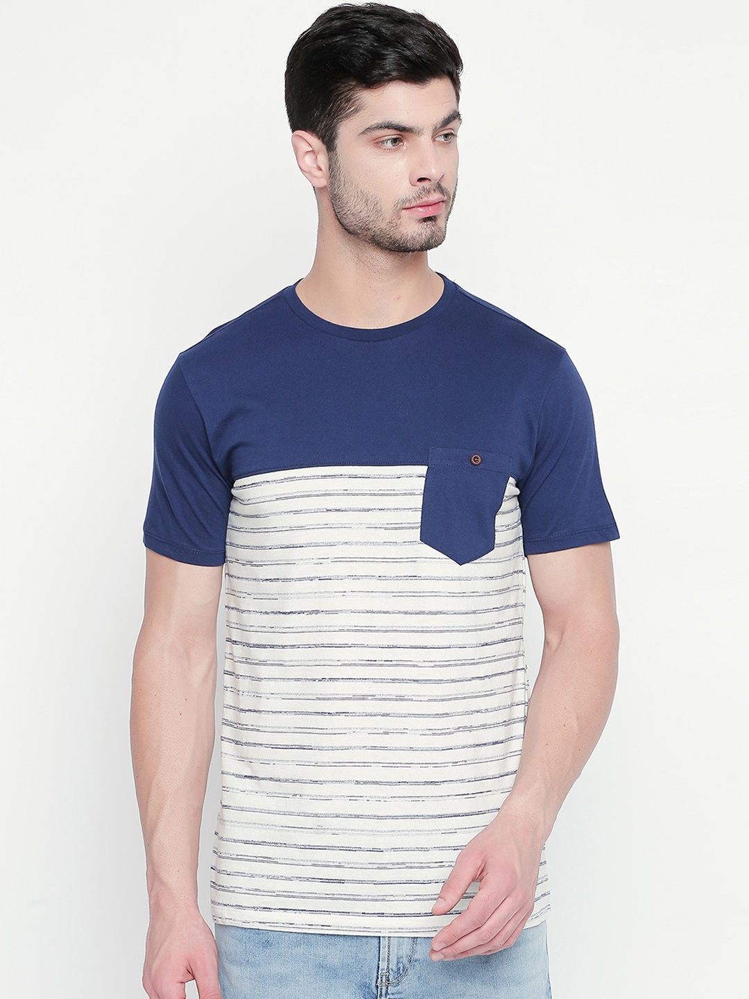 

Urban Ranger by pantaloons Men Blue White Striped Round Neck Pure Cotton T-shirt