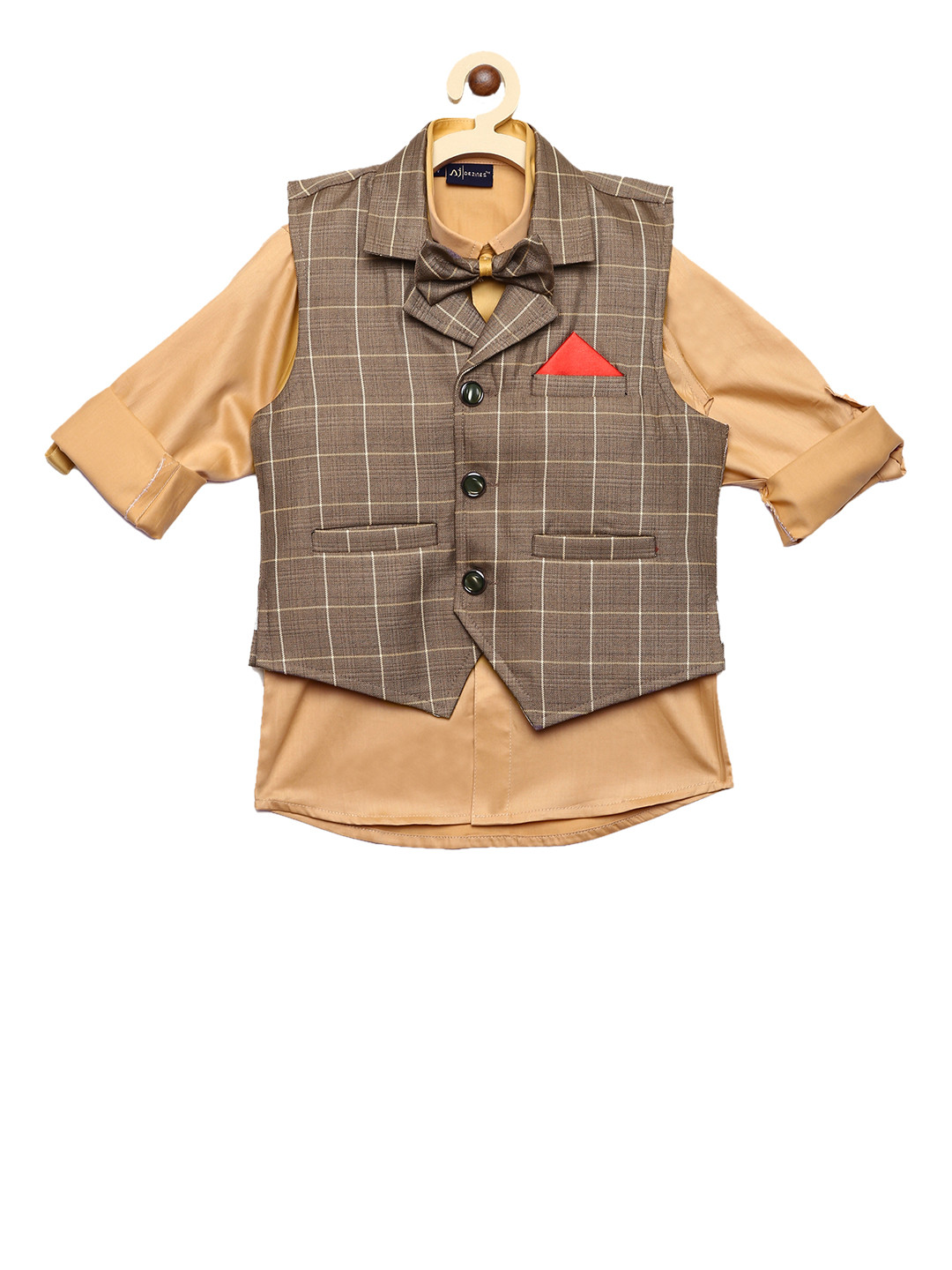 

Aj DEZInES Boys Beige Regular Fit Solid Party Shirt with Waistcoat & Bow Tie