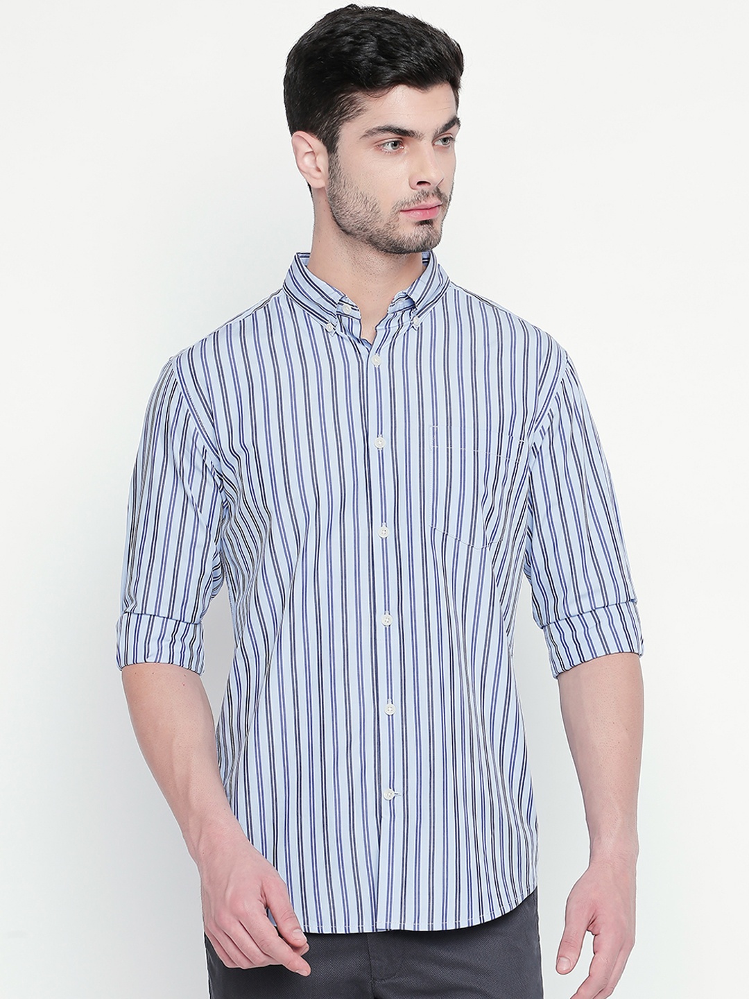 

BYFORD by Pantaloons Men Blue Slim Fit Striped Casual Shirt