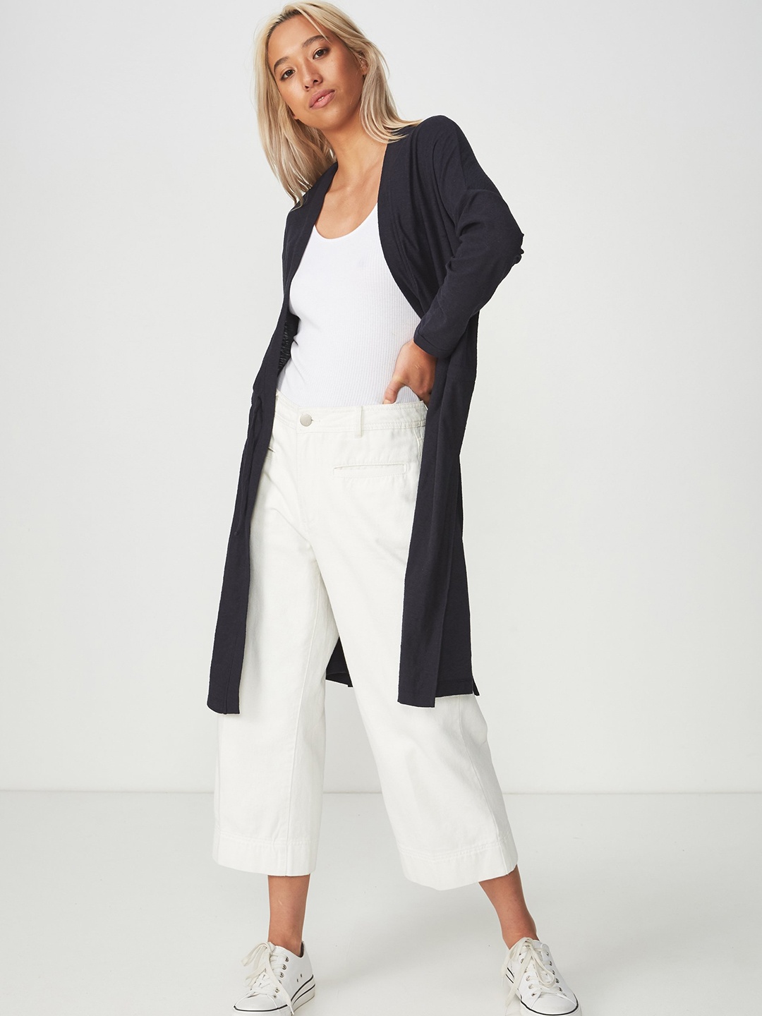

COTTON ON Women Navy Blue Solid Tie-Up Shrug