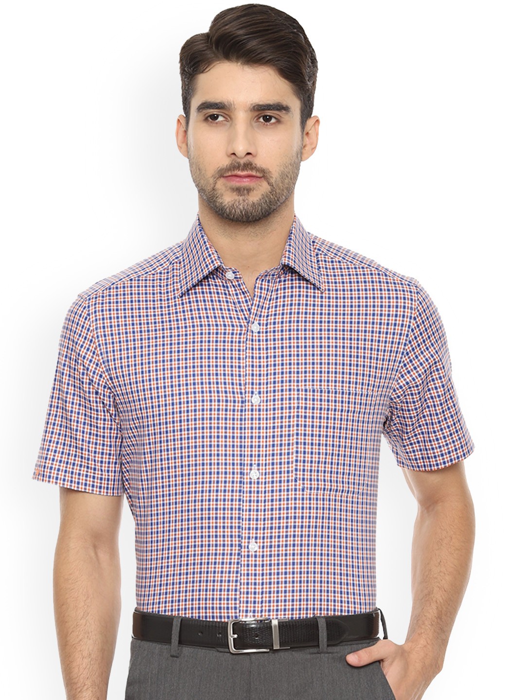 

Louis Philippe Men Blue & Orange Regular Fit Checked Formal Shirt