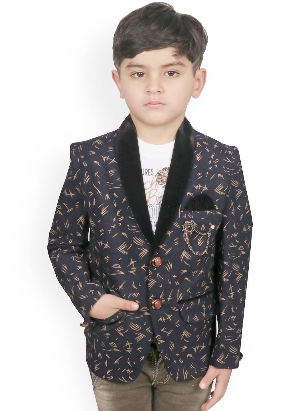

SG YUVRAJ Boys Navy Blue Printed Regular-Fit Tuxedo Blazer With T-shirt