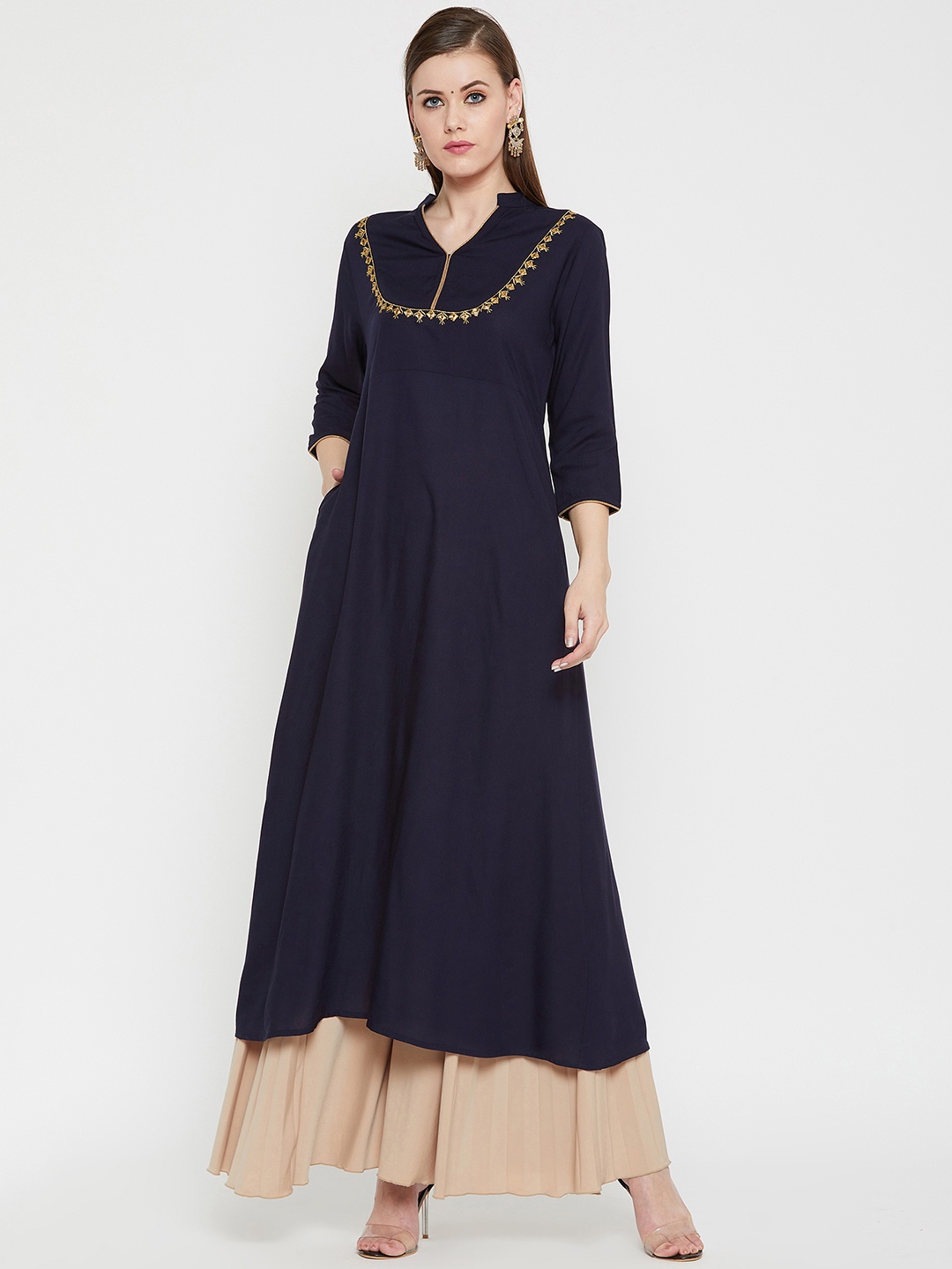 

RARE ROOTS Women Navy Blue Solid A-Line Kurta