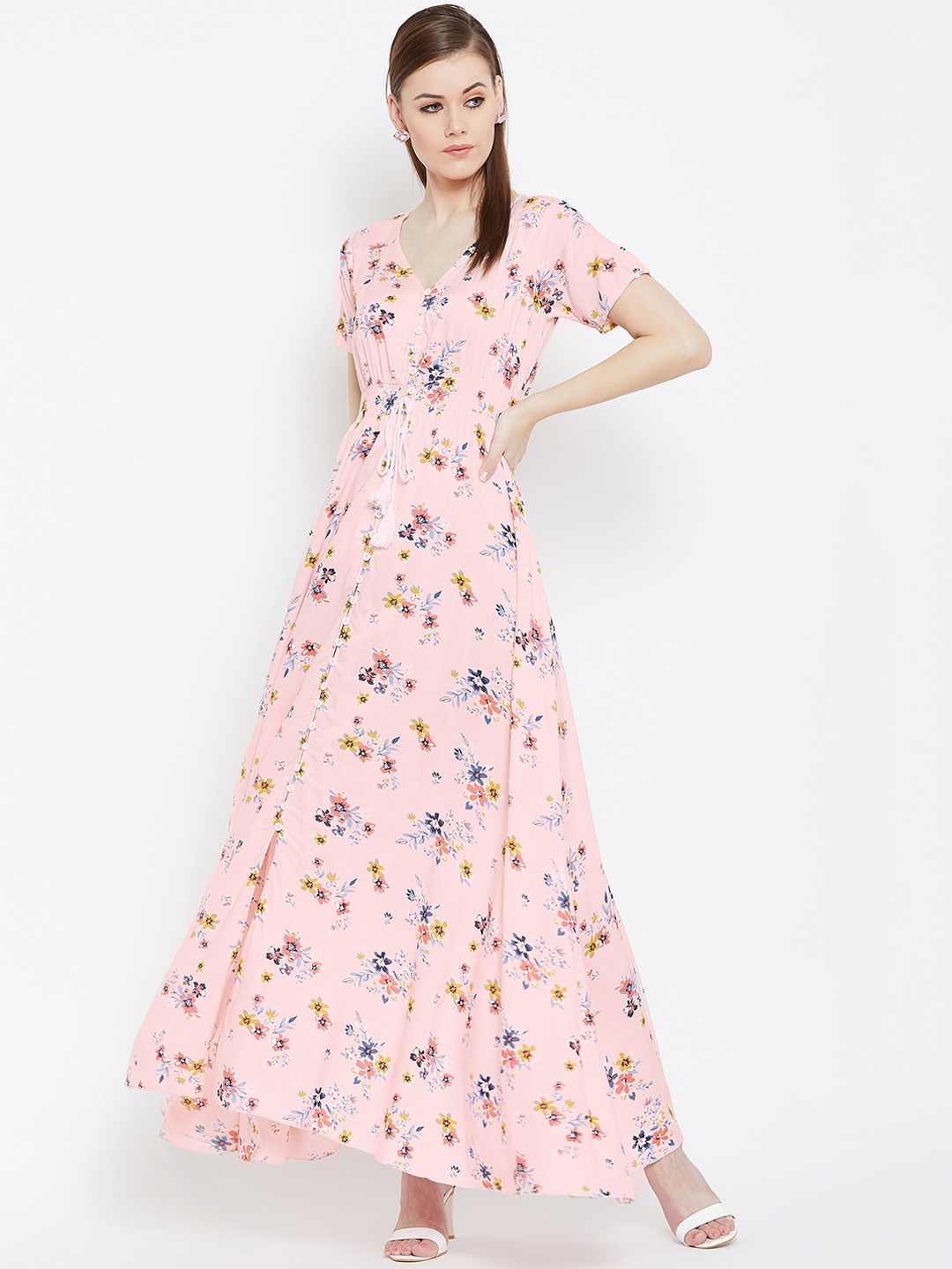 

Berrylush Women Pink & Blue Floral Printed Maxi Dress