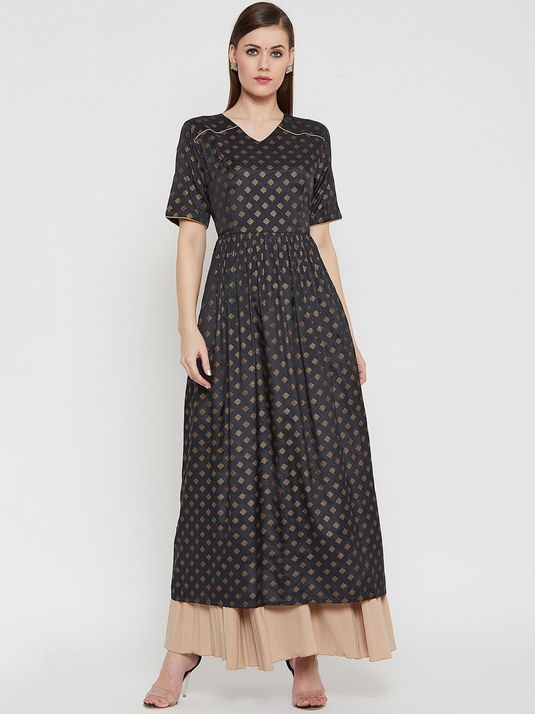 

RARE ROOTS Women Black & Gold-Coloured Printed Anarkali Kurta