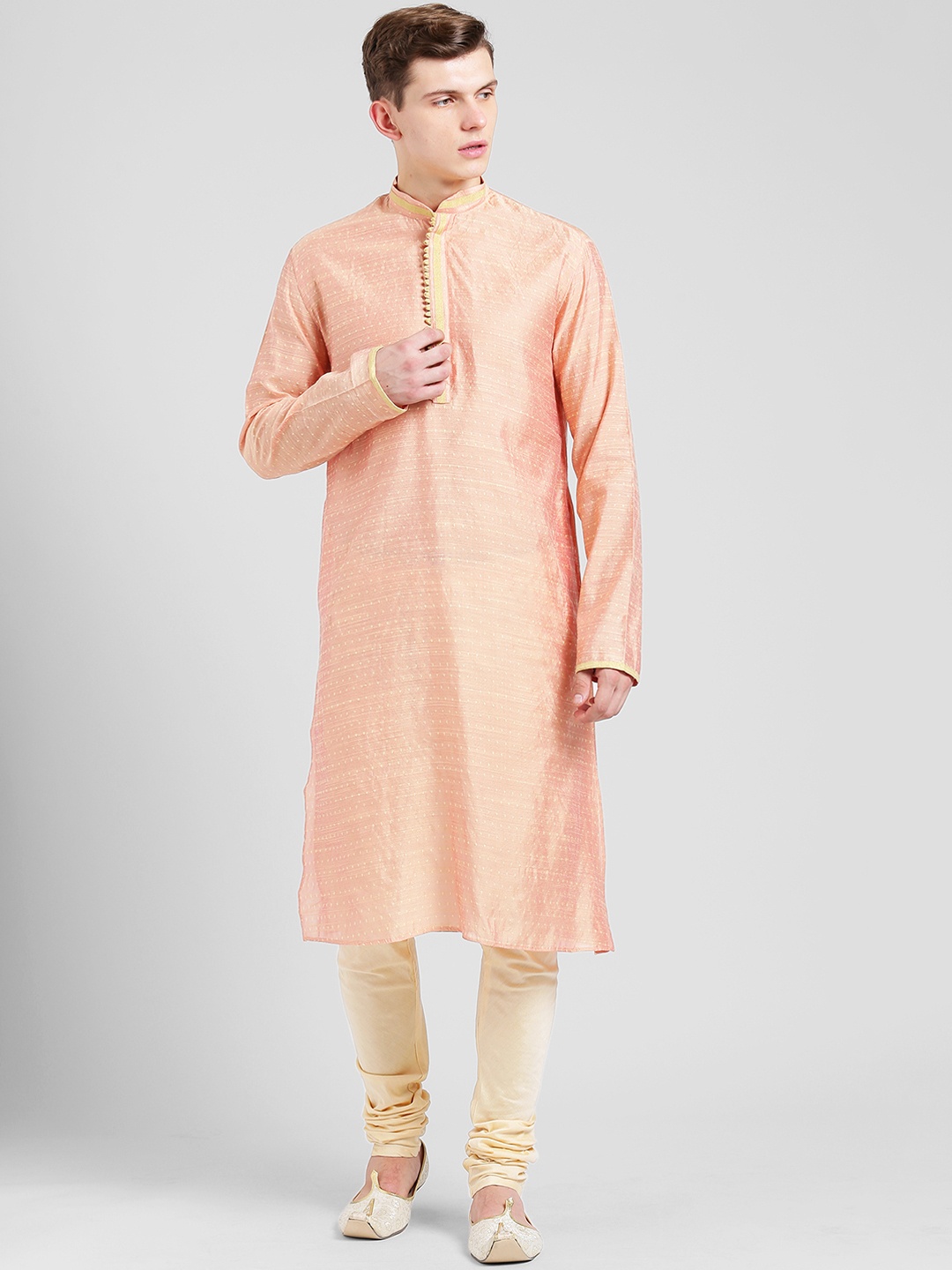 

KISAH Men Peach-Coloured Woven Design Straight Kurta