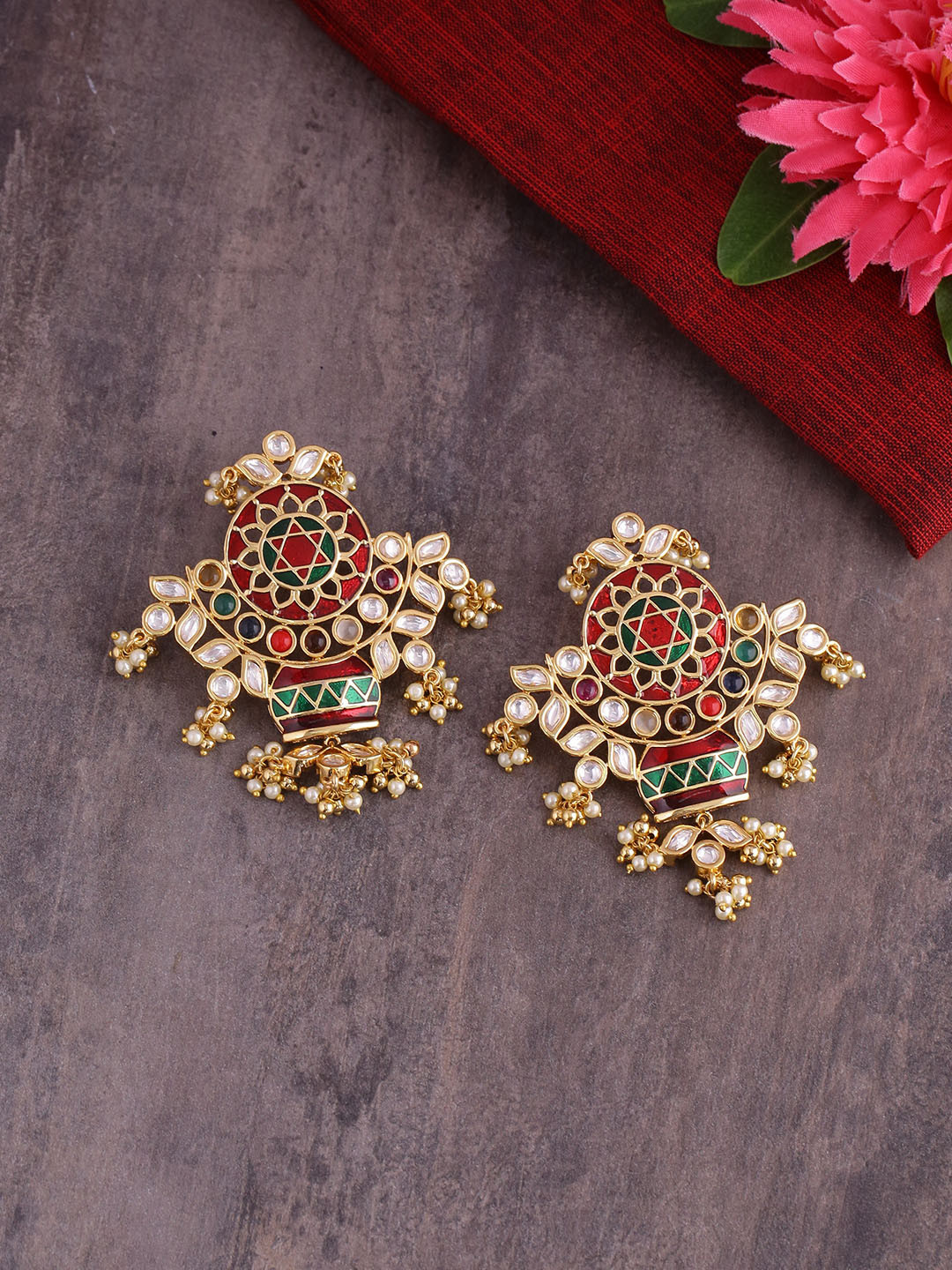 

Voylla Gold-Toned & Red Brass-Plated Contemporary Drop Earrings