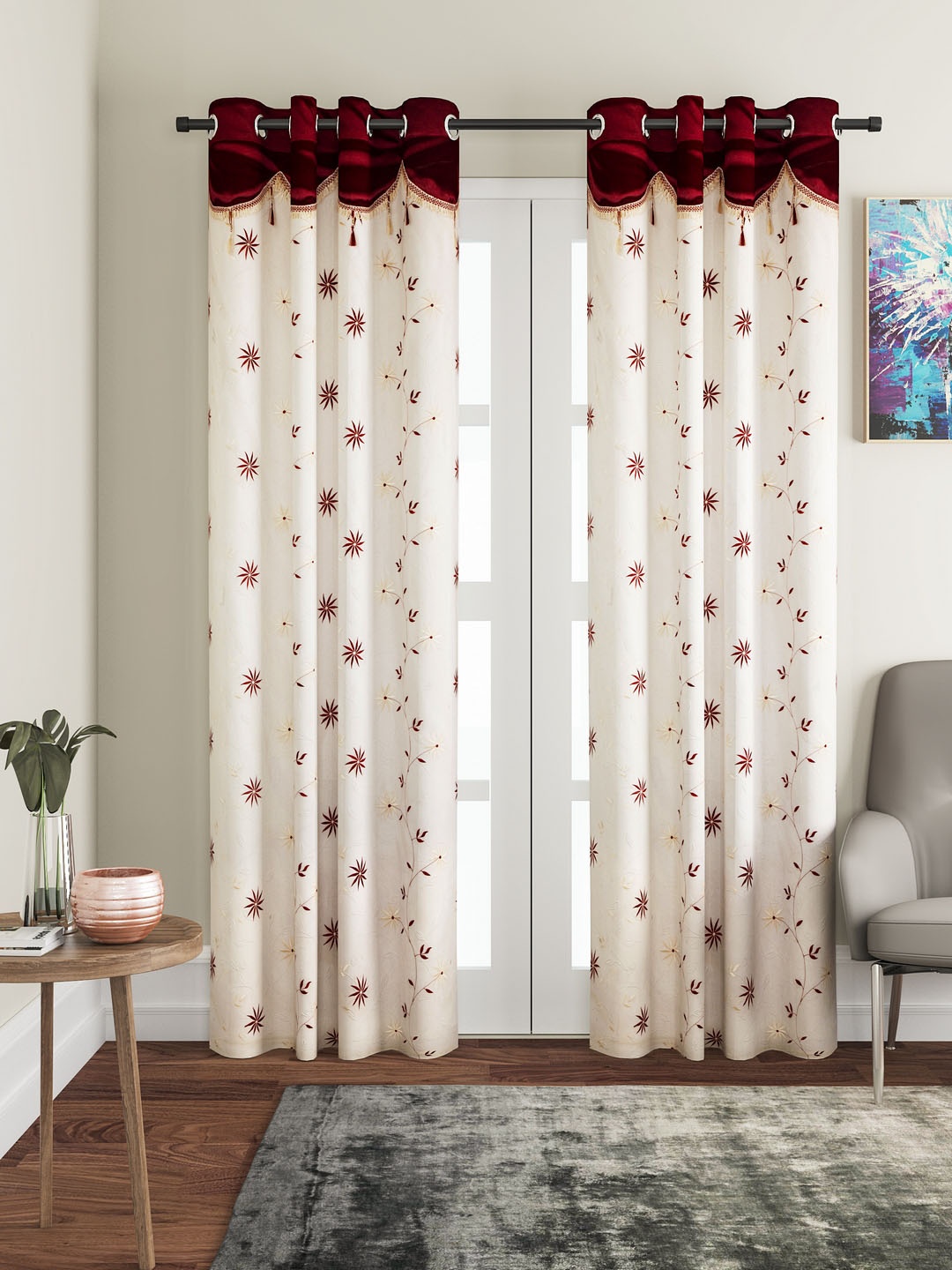 

Cortina Maroon & White Set of 2 Fancy Valance Floral Printed Sheer Door Curtains