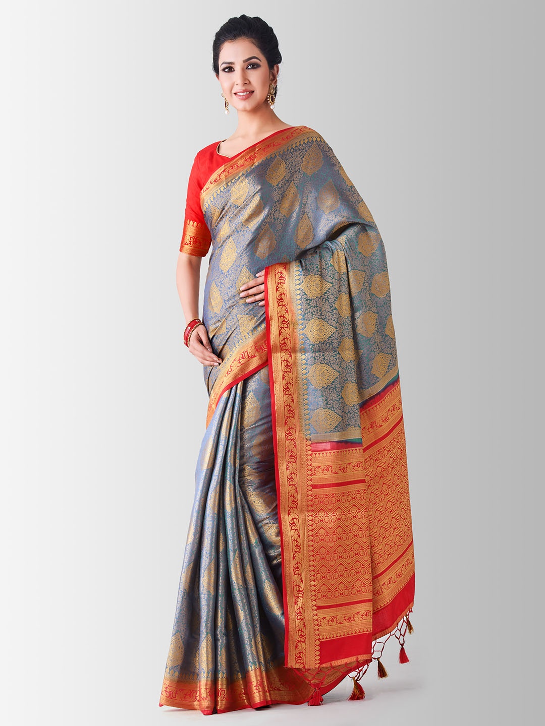 

MIMOSA Blue & Red Art Silk Woven Design Kanjeevaram Saree