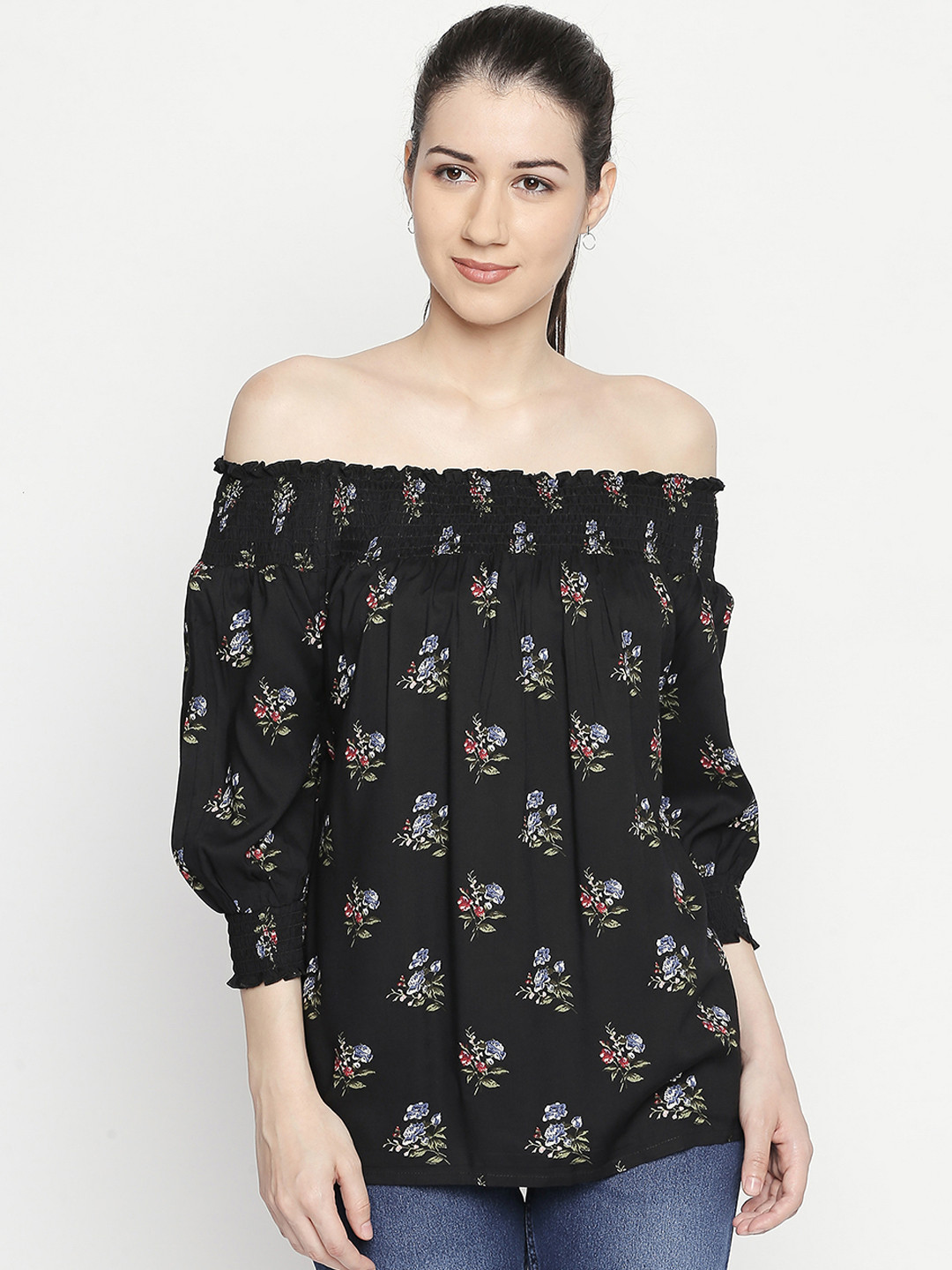 

Honey by Pantaloons Women Black Printed Bardot Top
