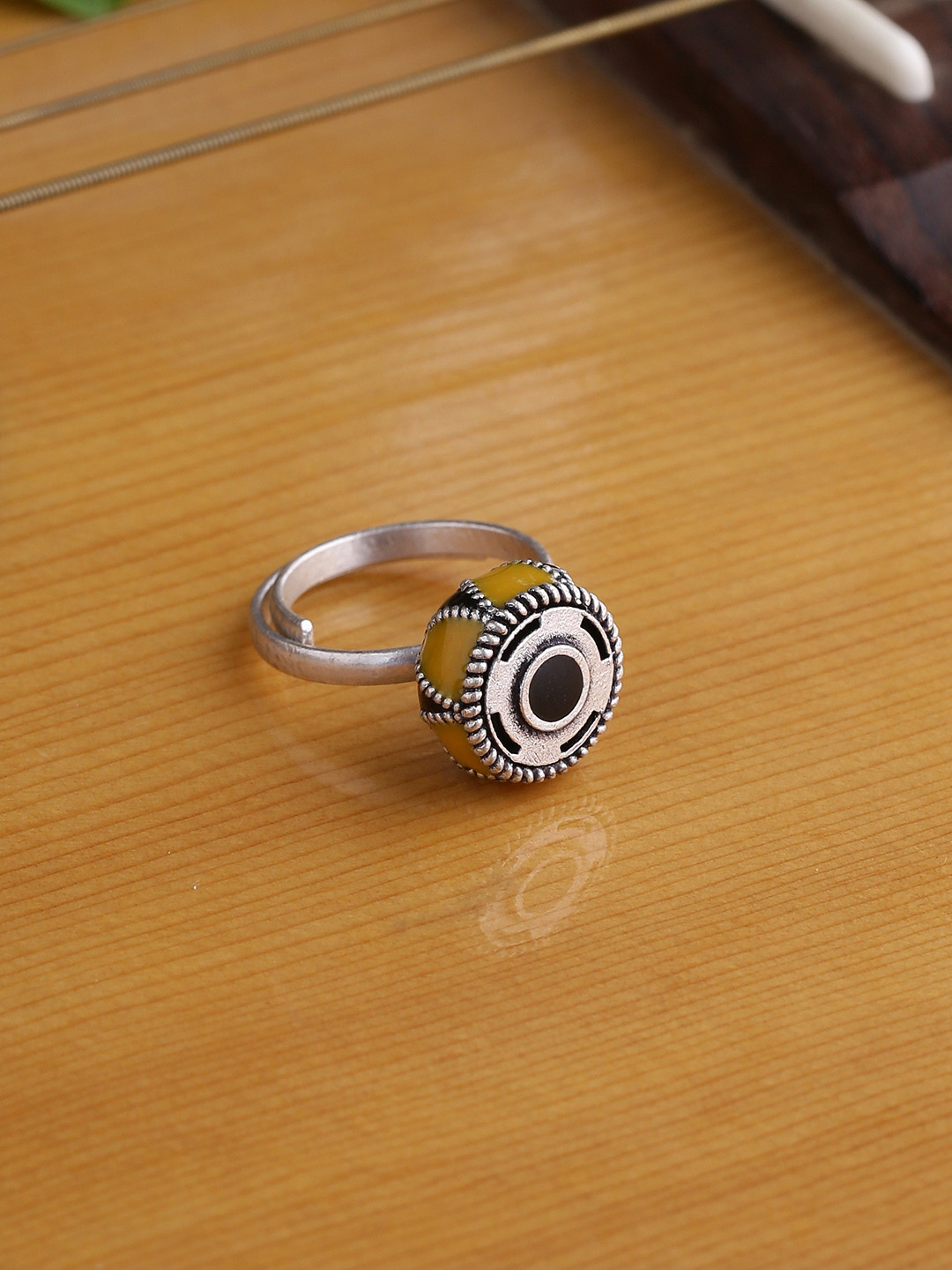 

Voylla Women Silver-Plated & Black Enamelled Finger Ring
