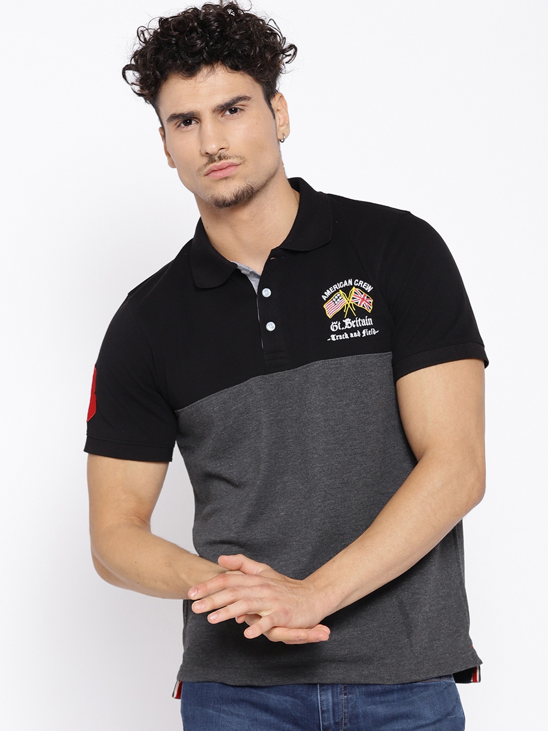 

American Crew Men Charcoal Colourblocked Polo Collar T-shirt