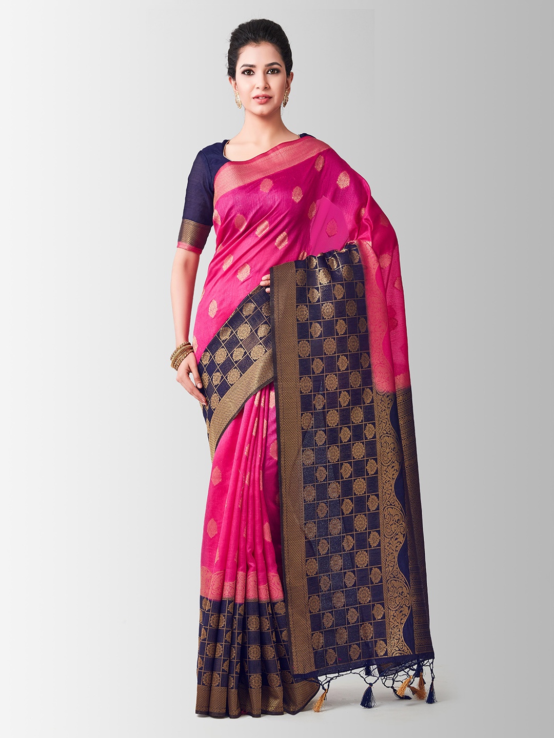 

MIMOSA Pink & Navy Blue Art Silk Woven Design Kanjeevaram Saree