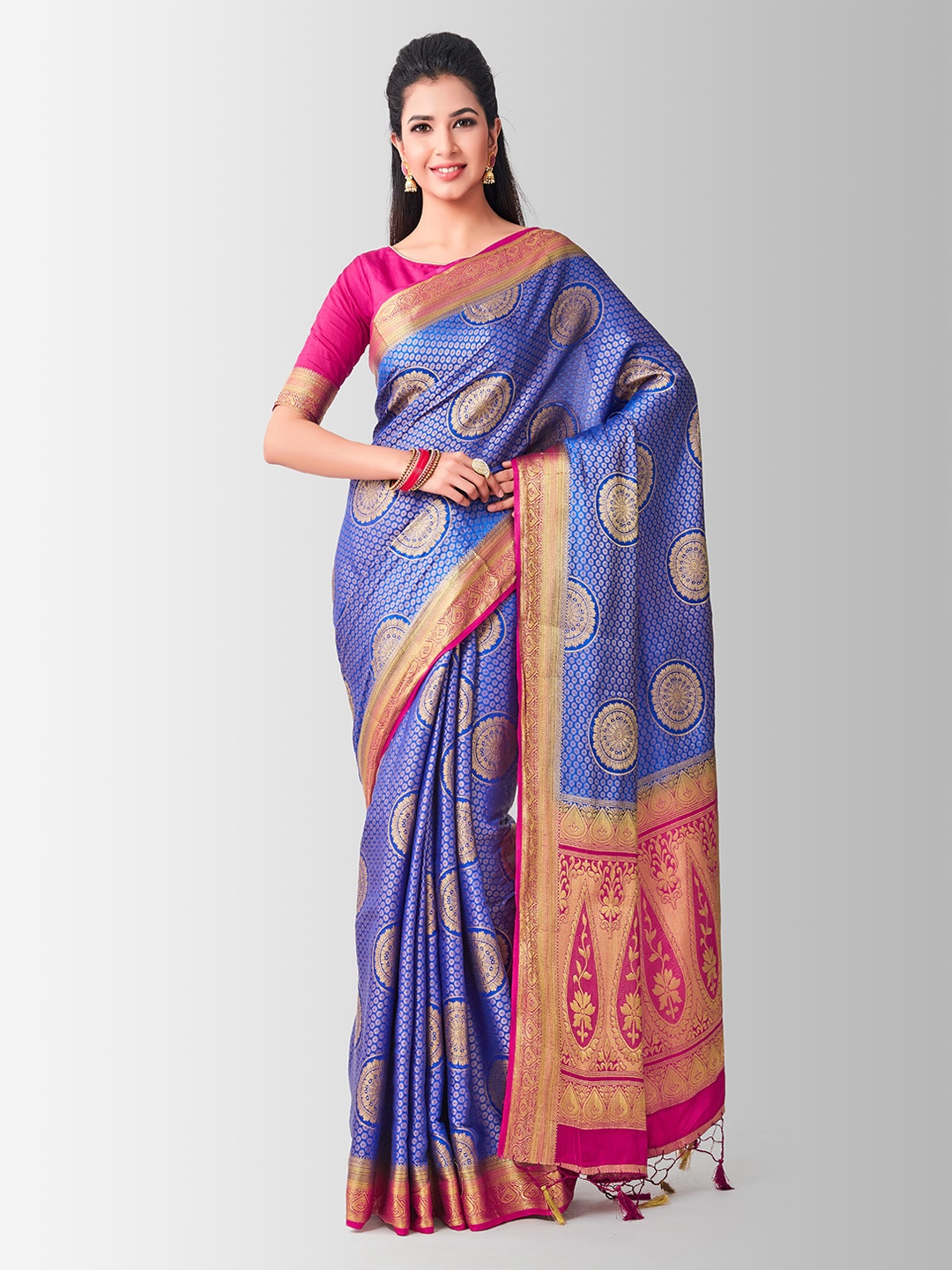 

MIMOSA Blue & Pink Art Silk Woven Design Kanjeevaram Saree