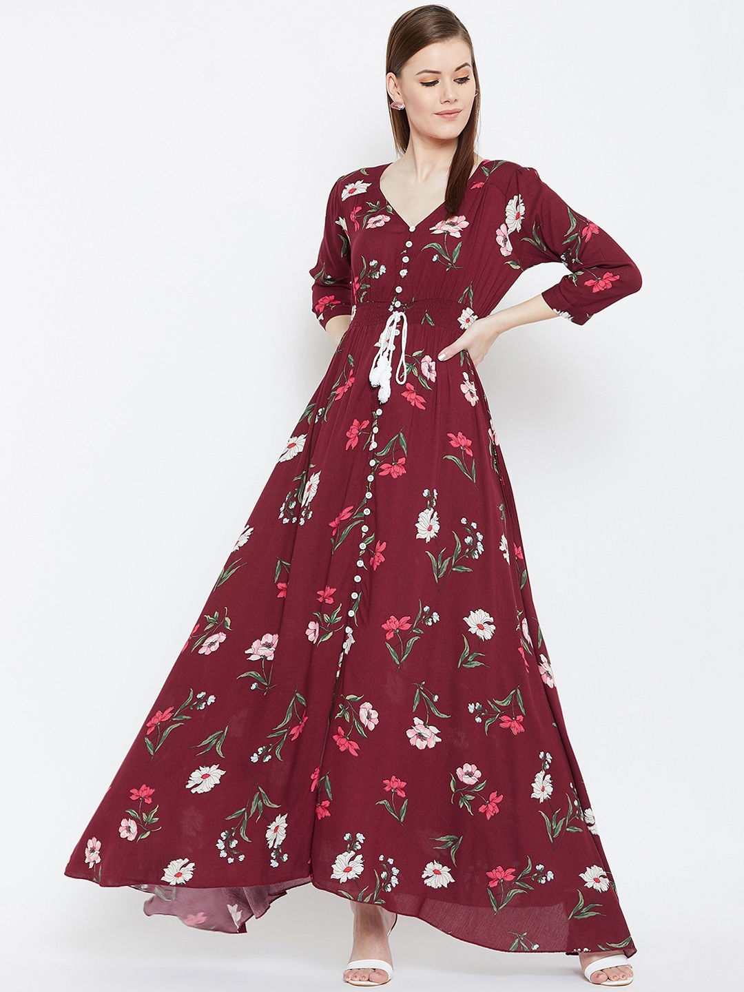 

Berrylush Women Maroon & Pink Floral Printed Maxi Dress