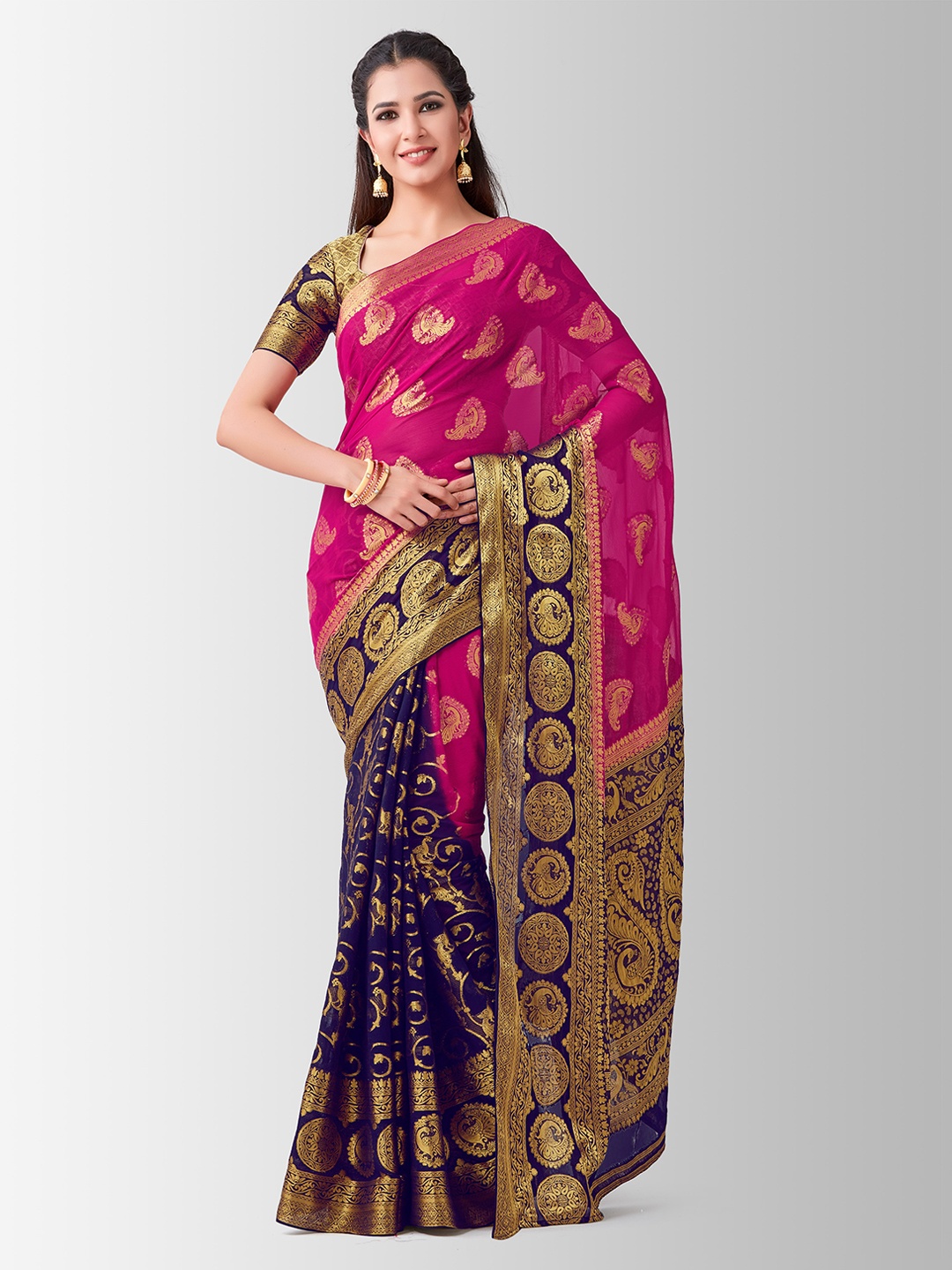 

MIMOSA Pink & Navy Blue Poly Chiffon Woven Design Kanjeevaram Saree