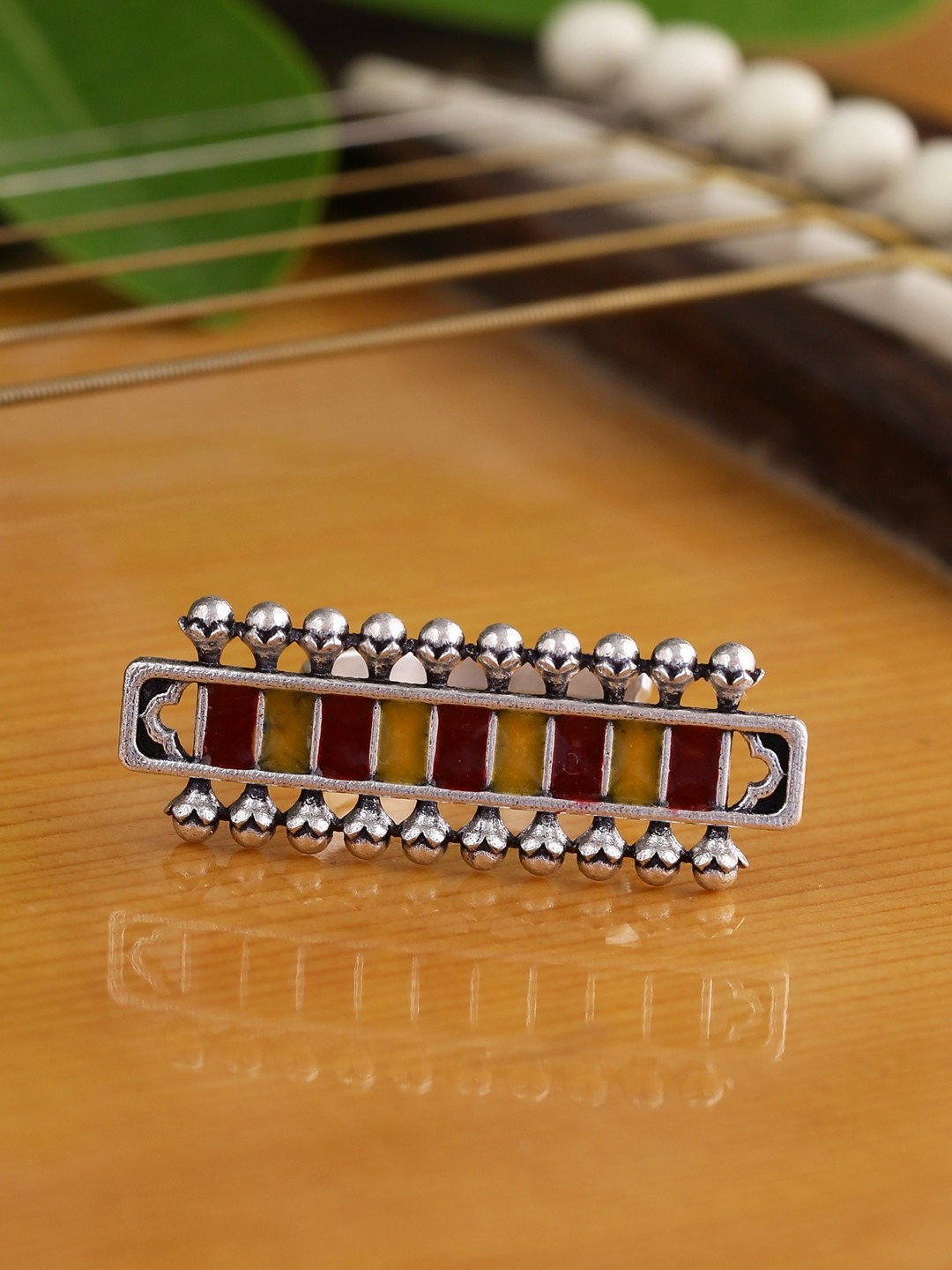 

Voylla Women Oxidised Silver-Plated, Red & Yellow Enamelled Adjustable Finger Ring, Gold