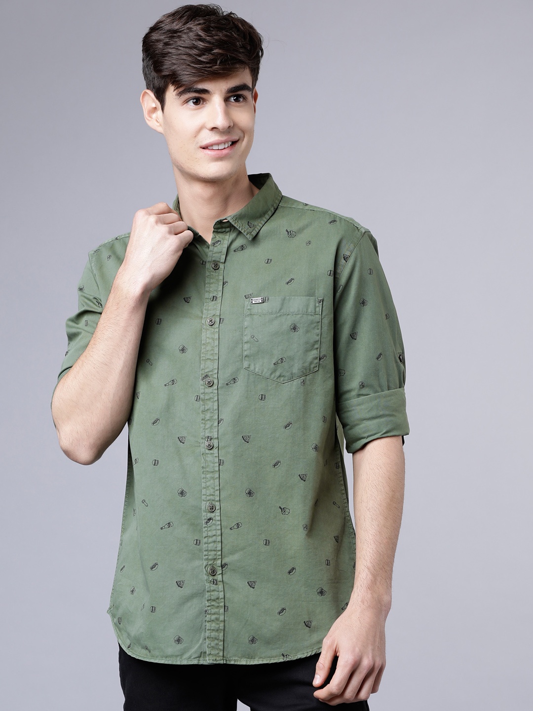

LOCOMOTIVE Men Olive Green & Black Slim Fit Printed Casual Shirt