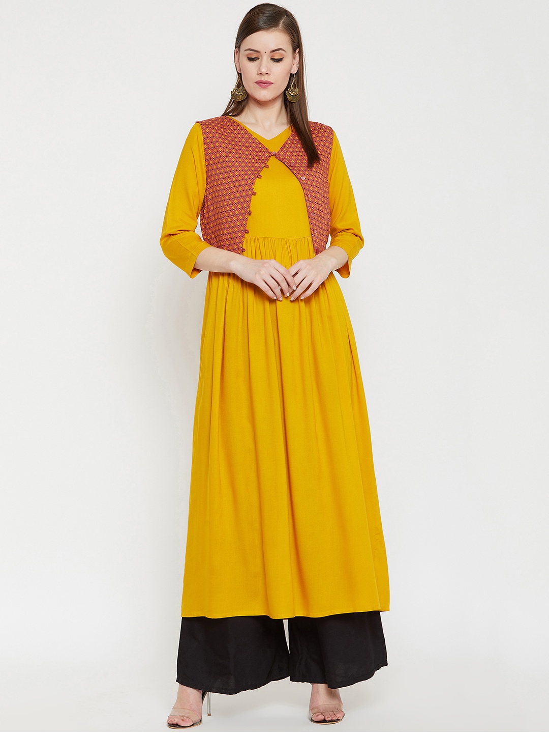 

RARE ROOTS Women Yellow Printed A-Line Kurta