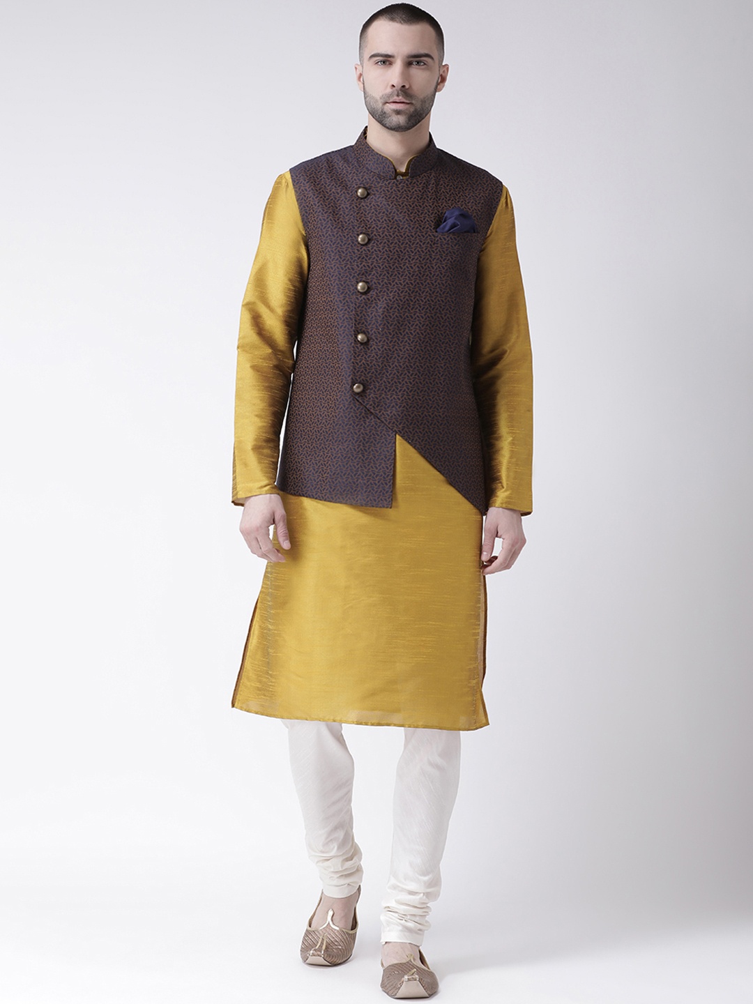 

KISAH Men Mustard Yellow & Cream-Coloured Solid Churidar Kurta with Nehru Jacket