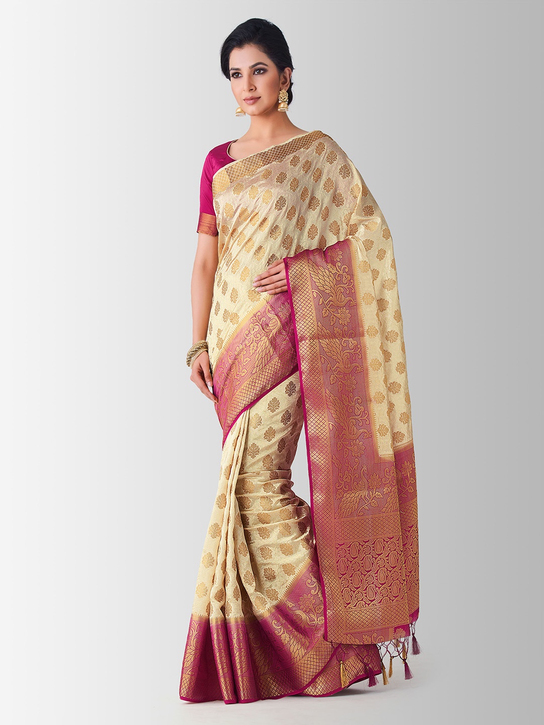 

MIMOSA Cream-Coloured & Red Art Silk Woven Design Kanjeevaram Saree