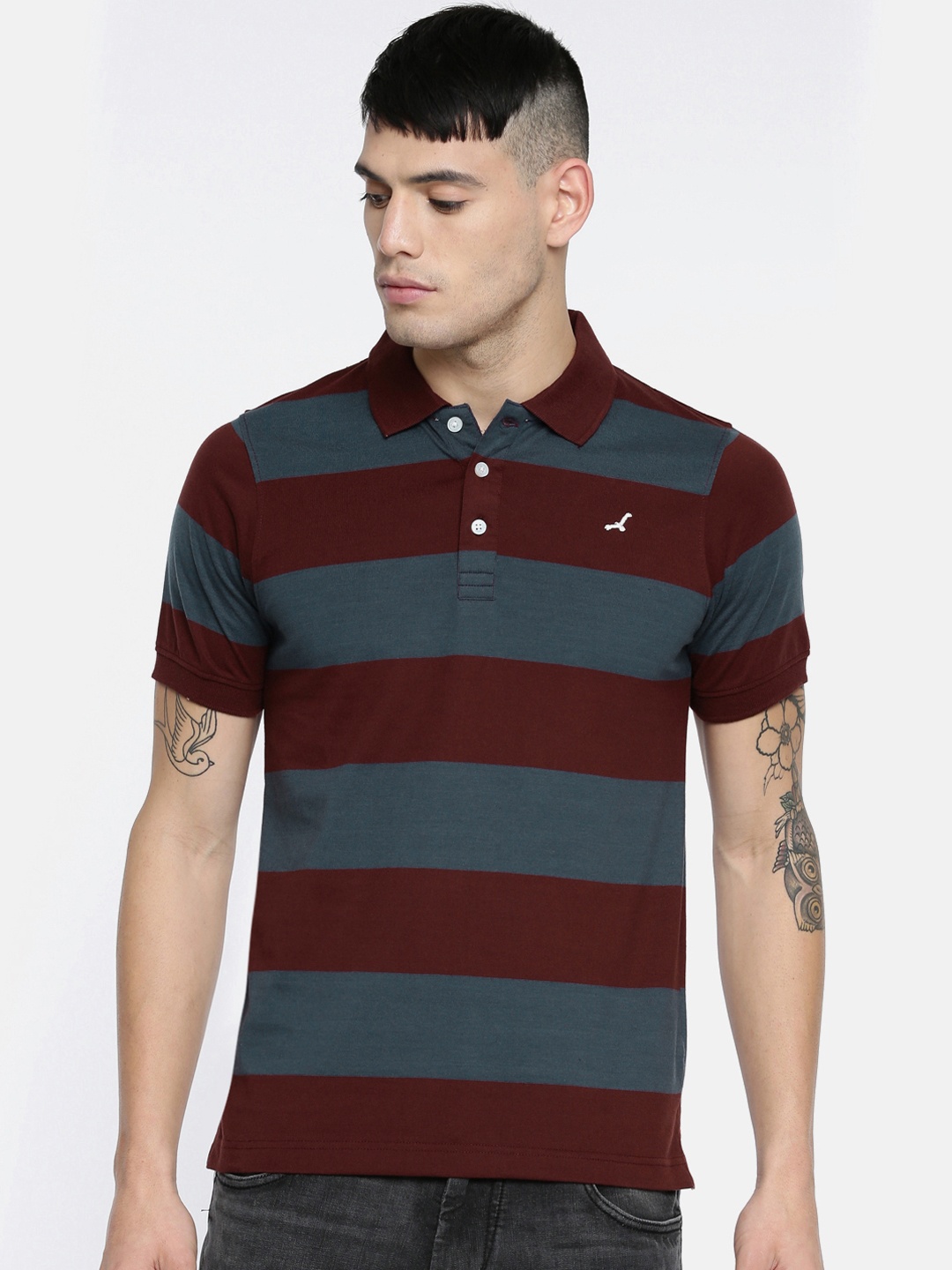 

American Crew Men Navy Blue Striped Polo Collar T-shirt