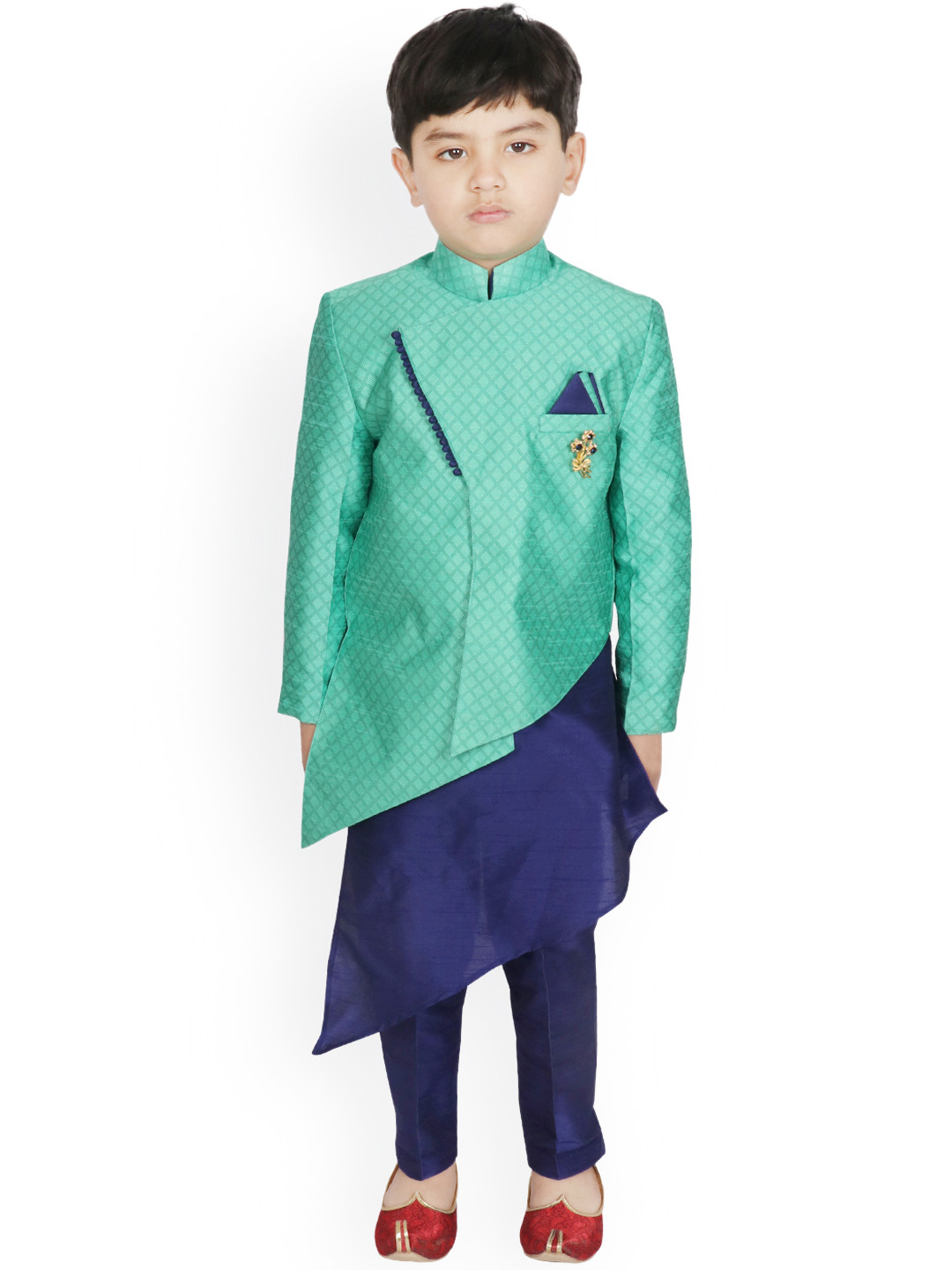 

SG YUVRAJ Boys Sea Green & Navy Blue Self Design Kurta with Trousers