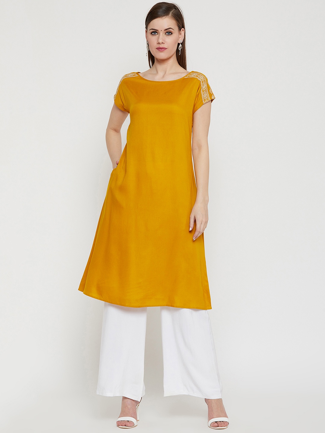 

RARE ROOTS Women Mustard Yellow Embroidered A-Line Kurta