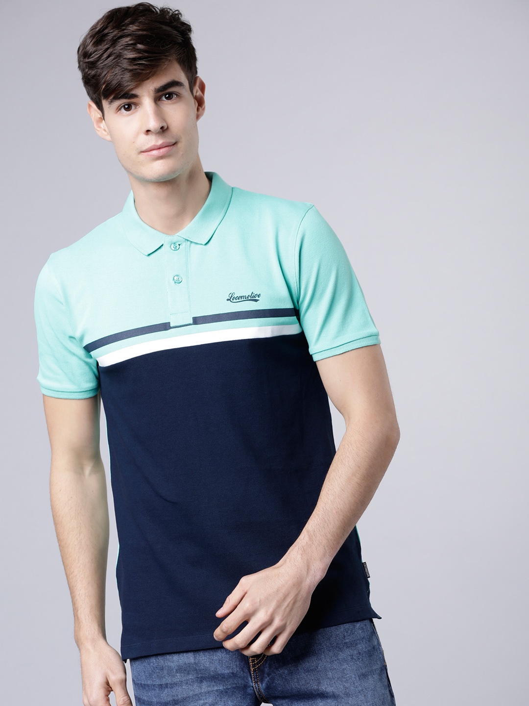 

LOCOMOTIVE Men Navy Blue & Sea Green Colourblocked Polo Collar T-shirt