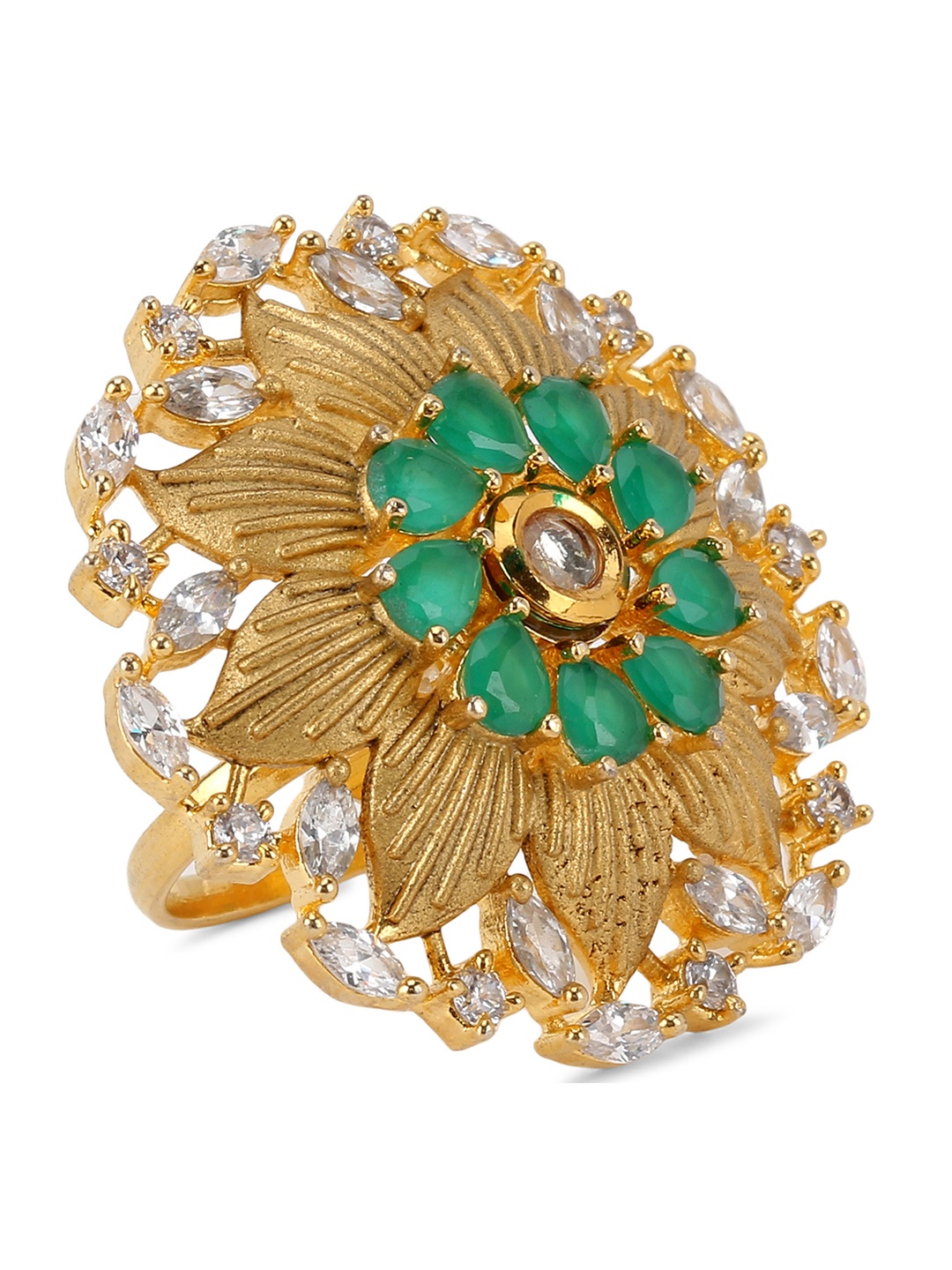 

ANIKAS CREATION Women Gold-Plated & Green American Diamond Studded With Kundan Finger Ring