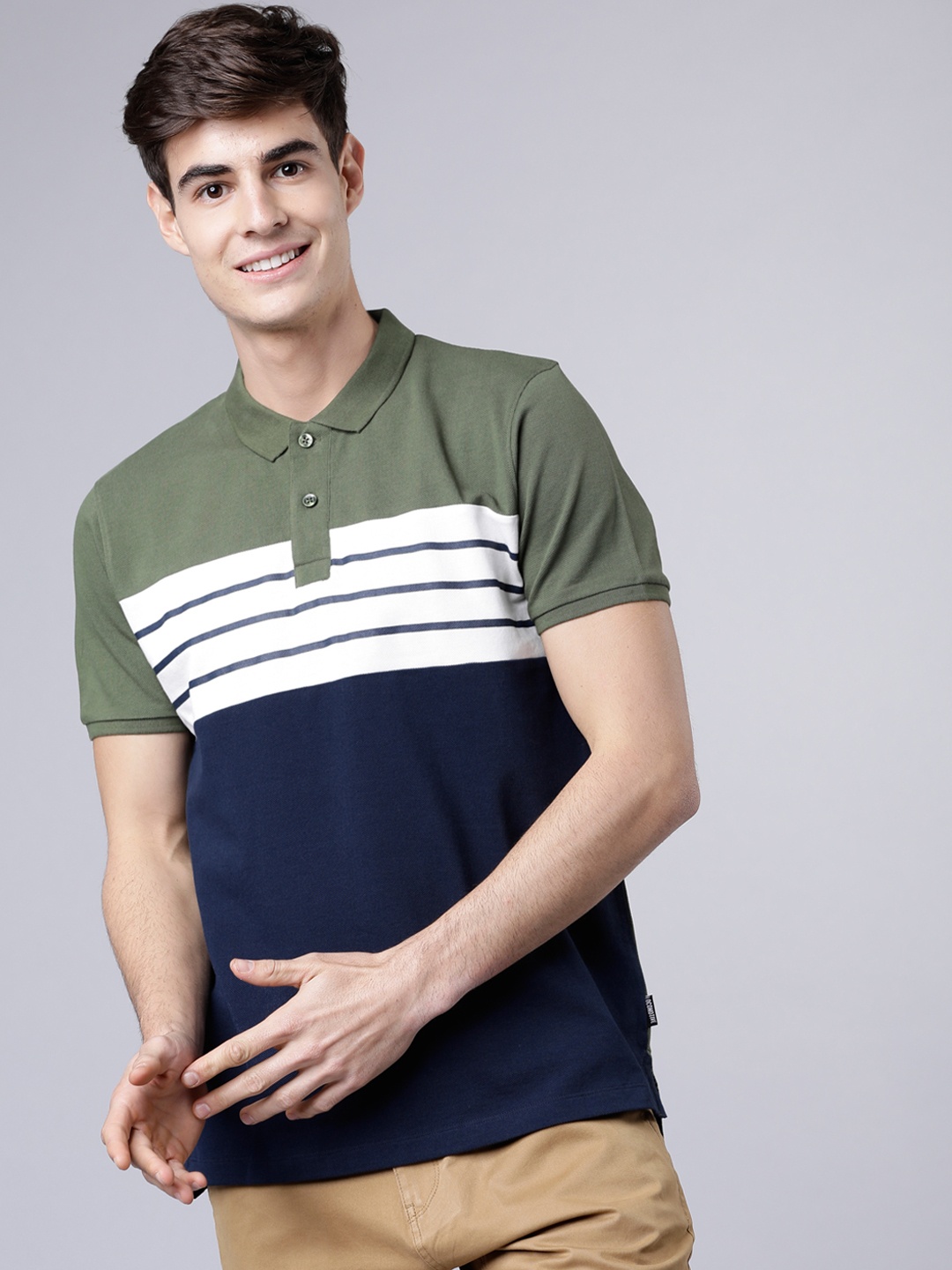 LOCOMOTIVE Men Olive Green & Navy Blue Colourblocked Polo Collar T-shirt